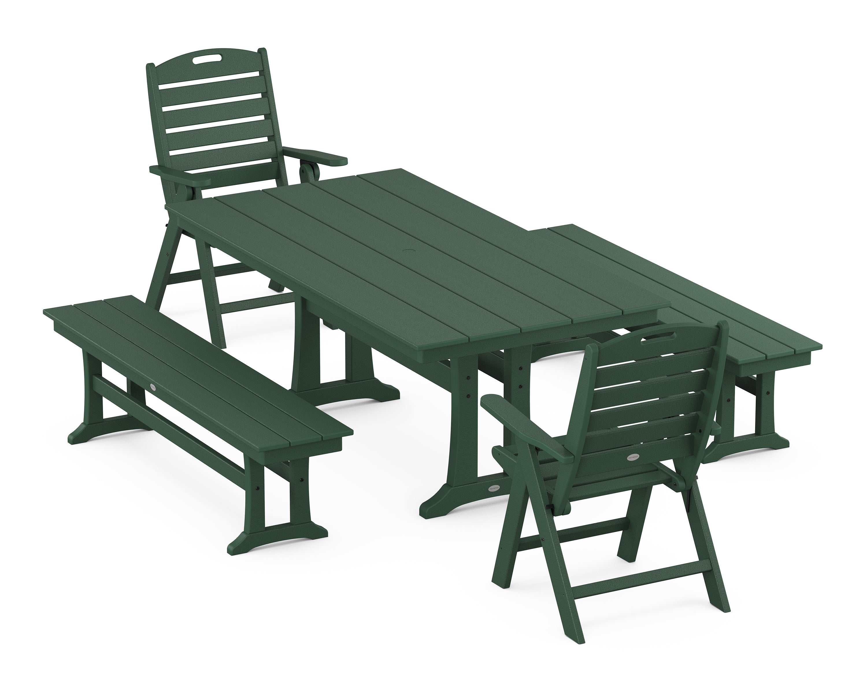 POLYWOOD Nautical Folding Highback Chair 5-Piece Farmhouse Dining Set With Trestle Legs and Benches in Green