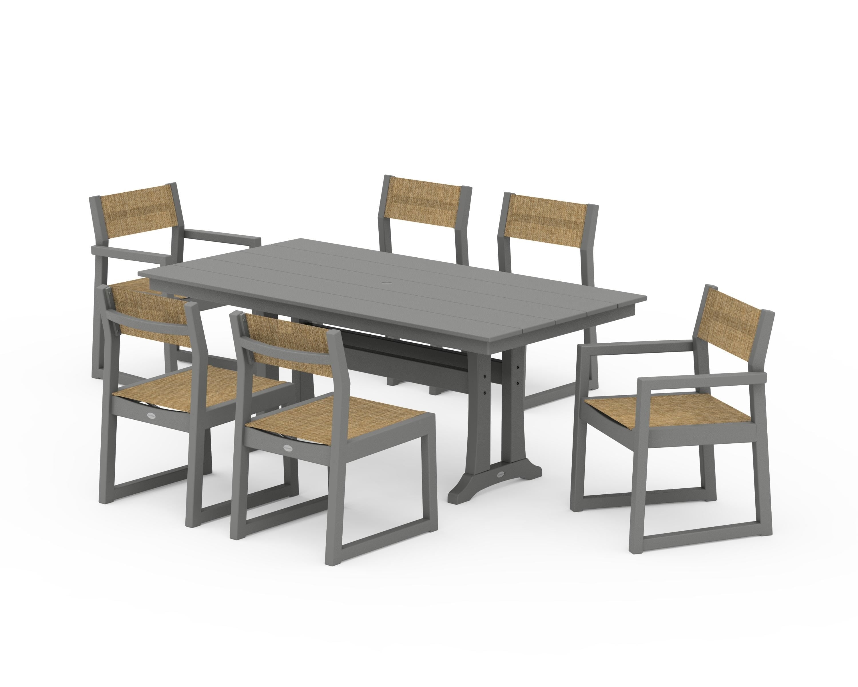 POLYWOOD EDGE Sling 7-Piece Farmhouse Trestle Dining Set in Slate Grey / Burlap Sling