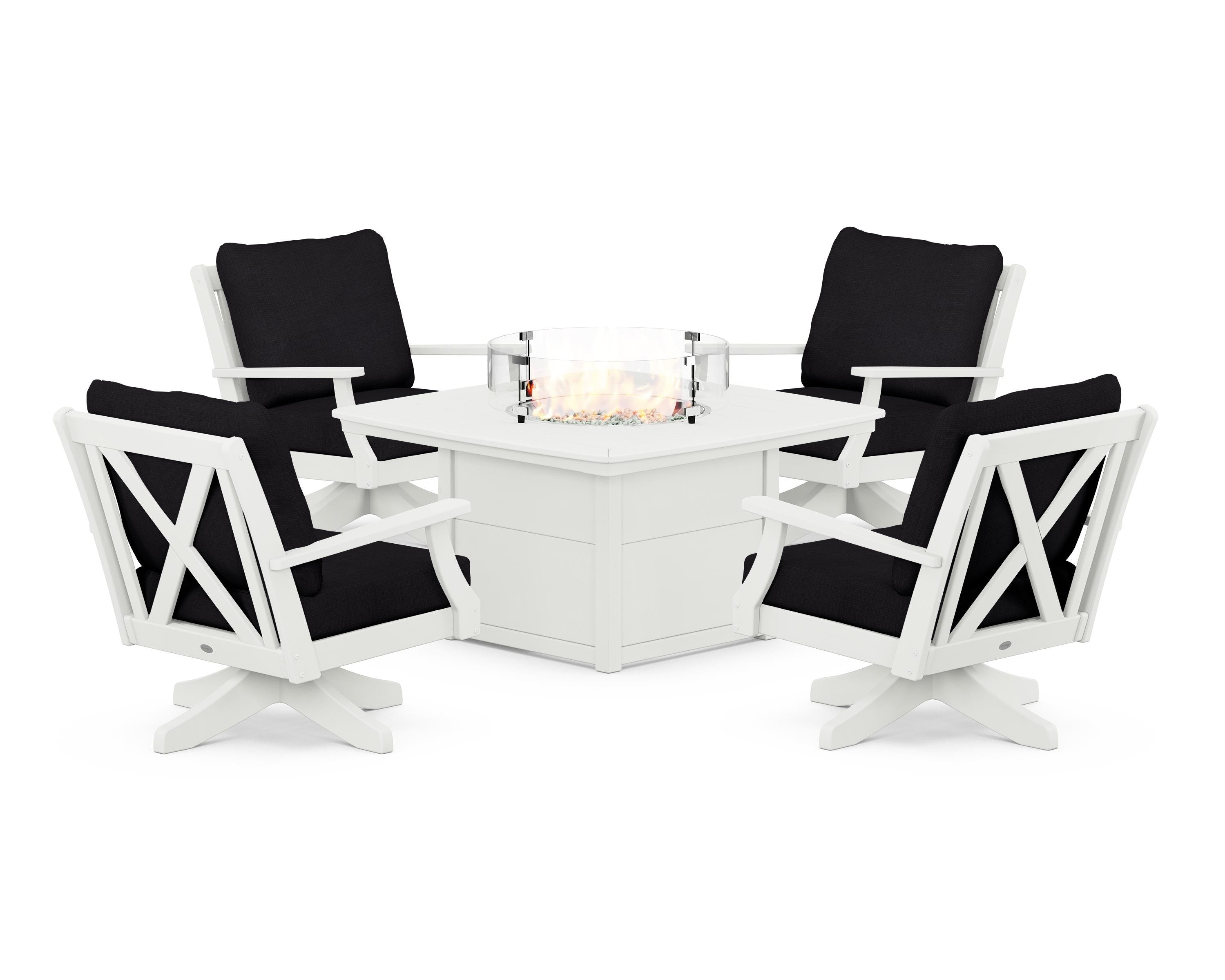 POLYWOOD Braxton 5-Piece Deep Seating Swivel Conversation Set with Fire Pit Table in Vintage White / Midnight Linen