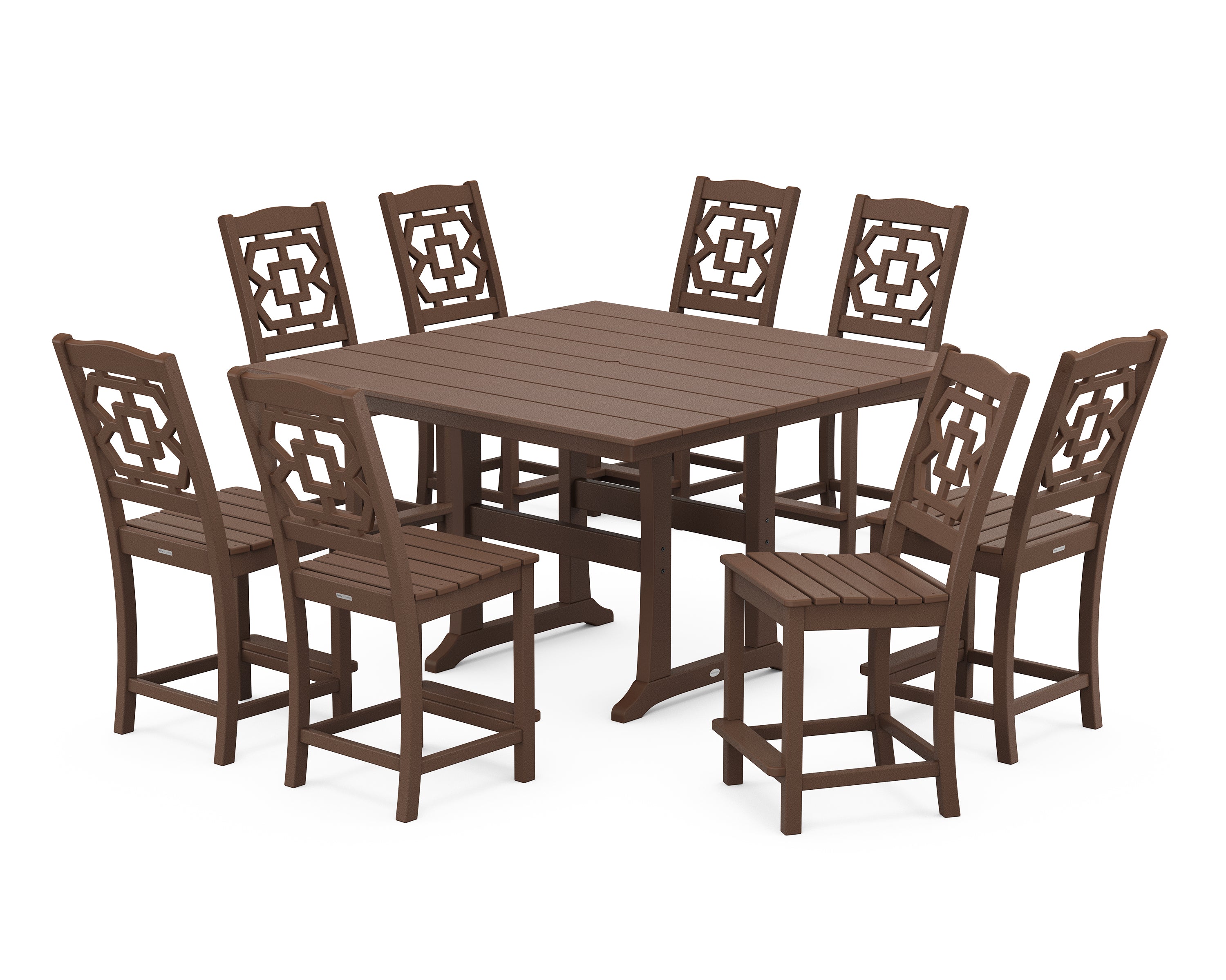 Martha Stewart by POLYWOOD Chinoiserie 9-Piece Square Farmhouse Side Chair Counter Set with Trestle Legs in Mahogany