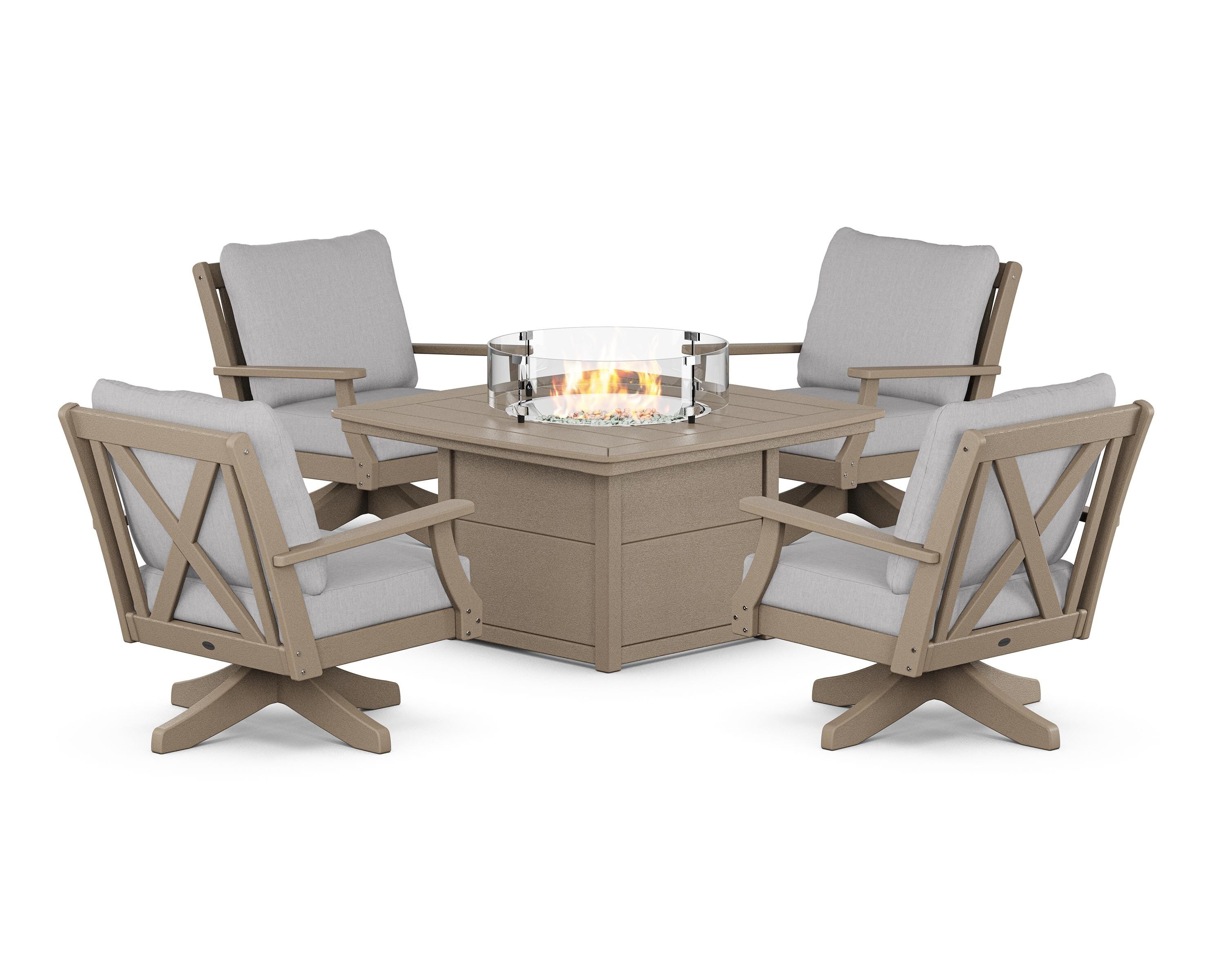 POLYWOOD Braxton 5-Piece Deep Seating Swivel Conversation Set with Fire Pit Table in Vintage Sahara / Granite