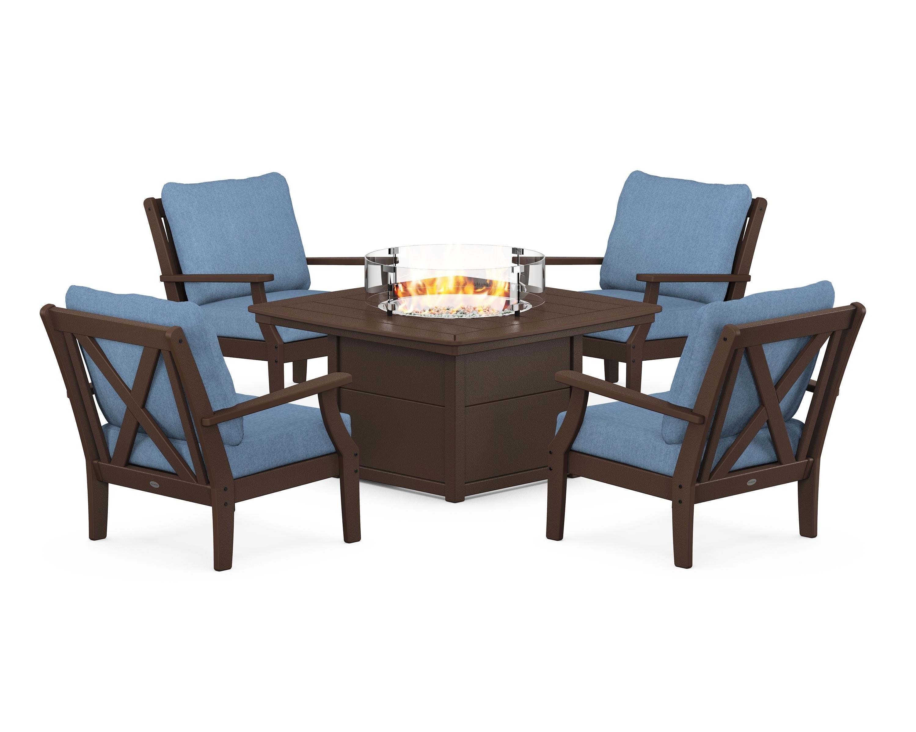 POLYWOOD Braxton 5-Piece Deep Seating Conversation Set with Fire Pit Table in Mahogany / Sky Blue