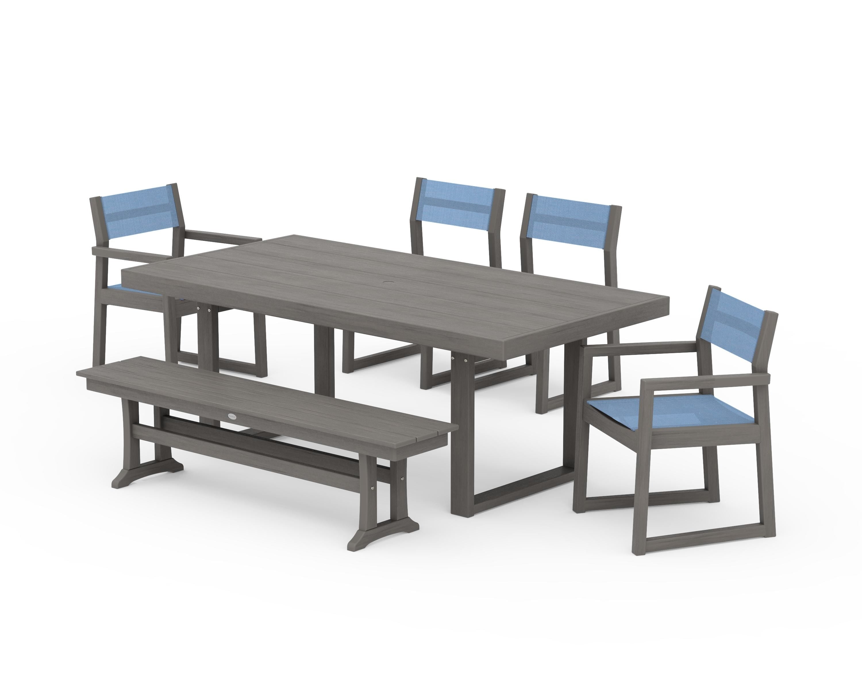 POLYWOOD EDGE Sling 6-Piece Dining Set with Bench in Driftwood / Poolside Sling