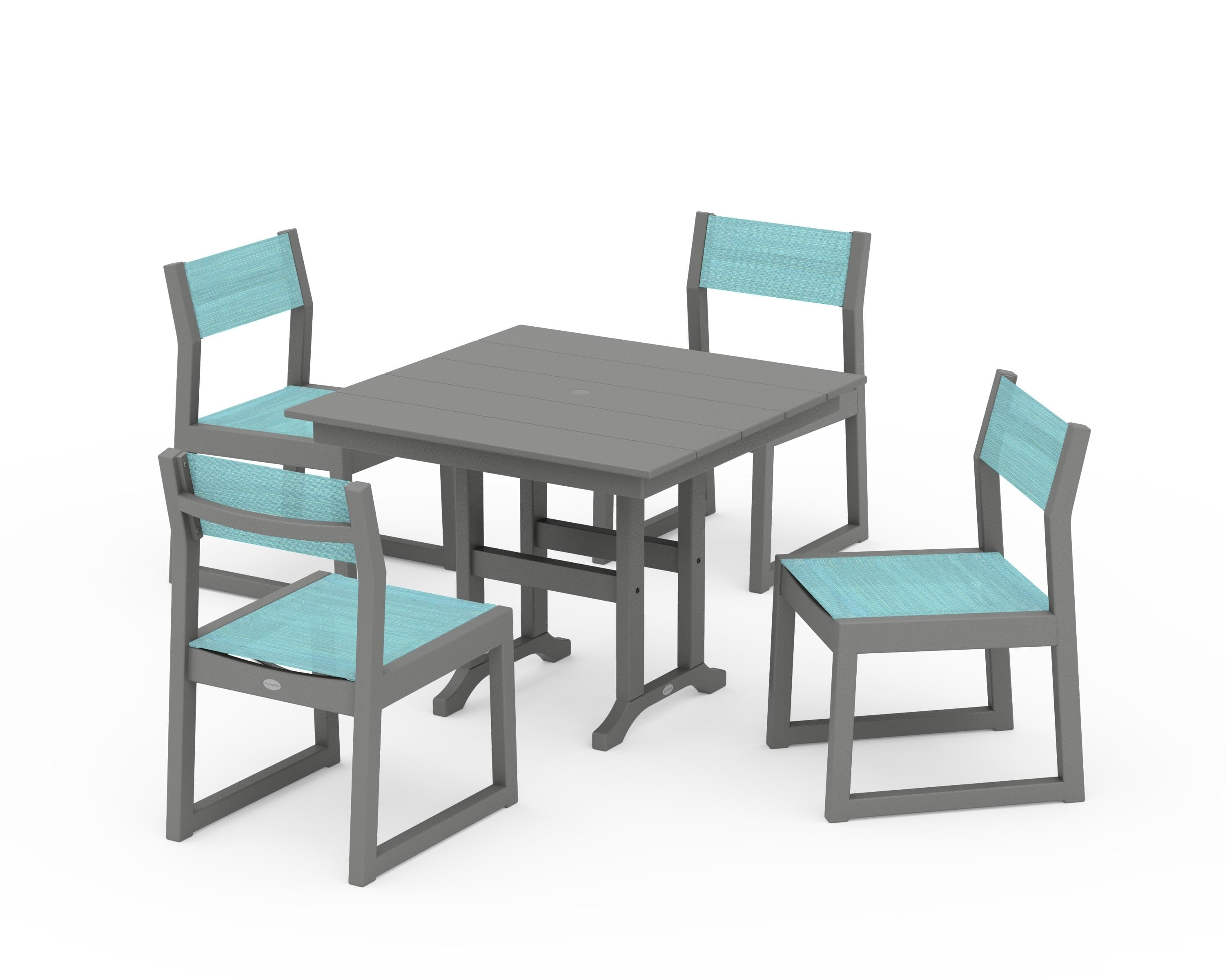 POLYWOOD EDGE Sling Side Chair 5-Piece Farmhouse Dining Set in Slate Grey / Dupioni Aquamarine Sling