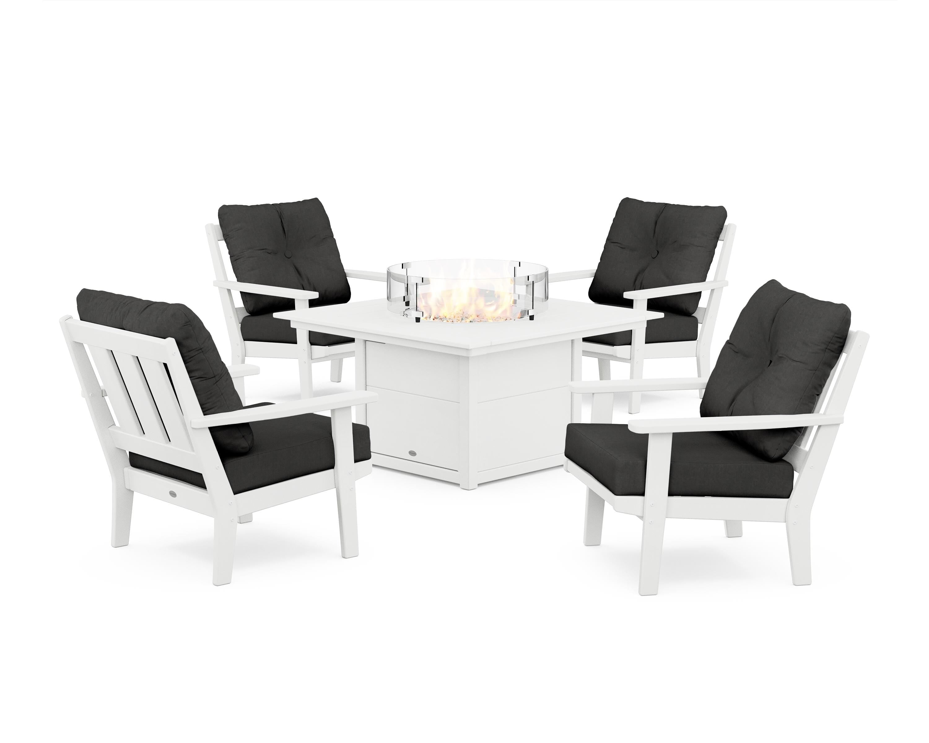 POLYWOOD Oxford 5-Piece Deep Seating Set with Fire Pit Table in White / Spectrum Carbon