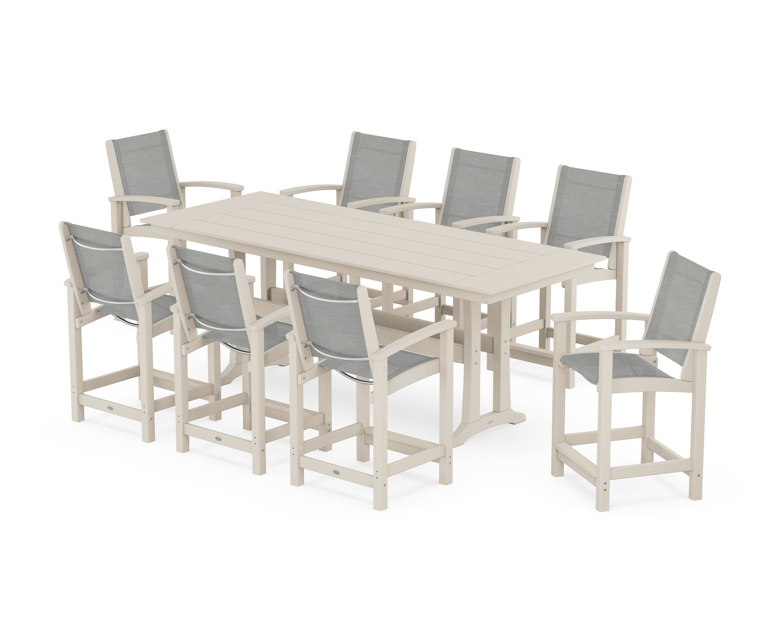 POLYWOOD Coastal 9-Piece Farmhouse Counter Set with Trestle Legs in Sand / Metallic Sling