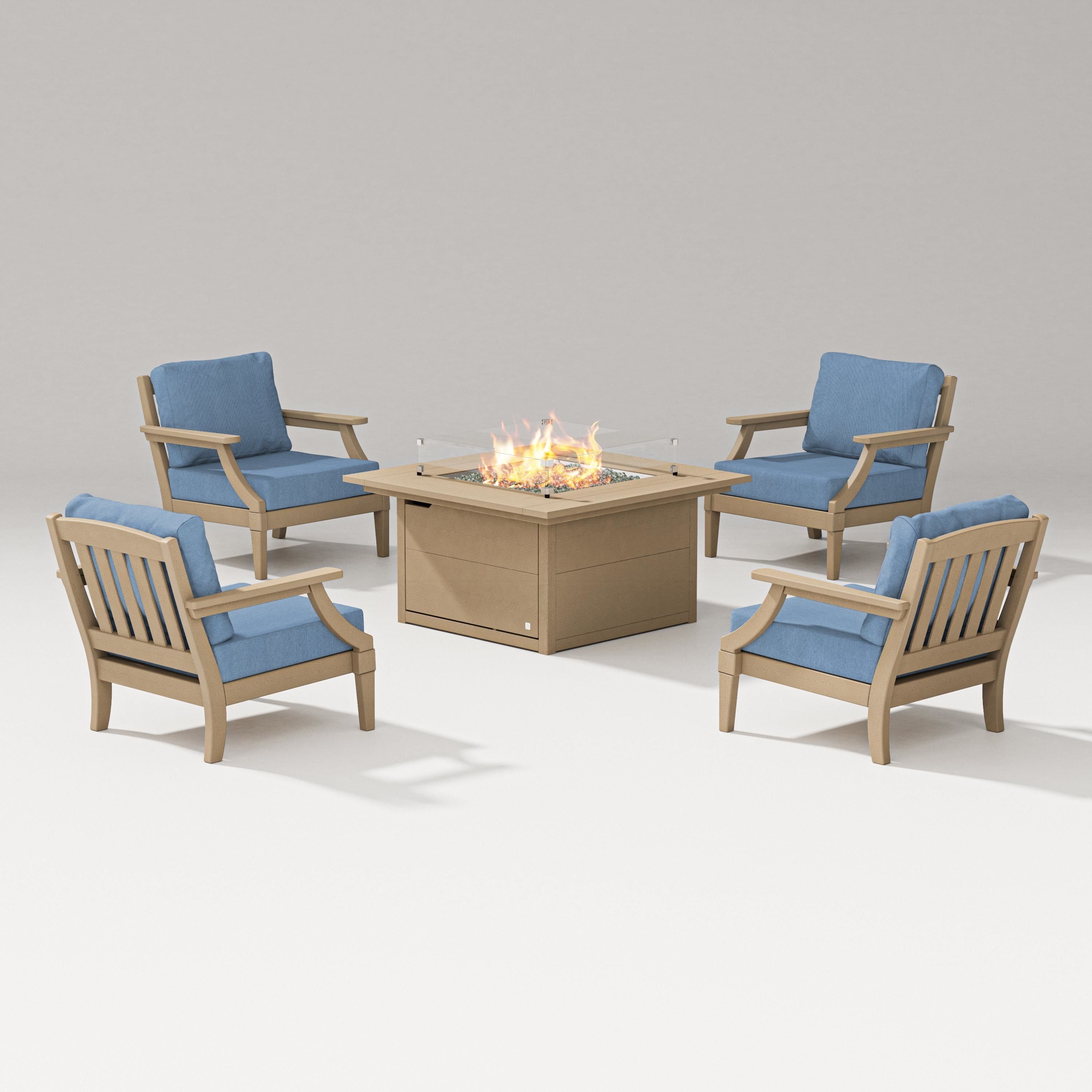 PW Designer Series Estate 5-Piece Lounge Fire Table Set in Vintage Sahara / Sky Blue
