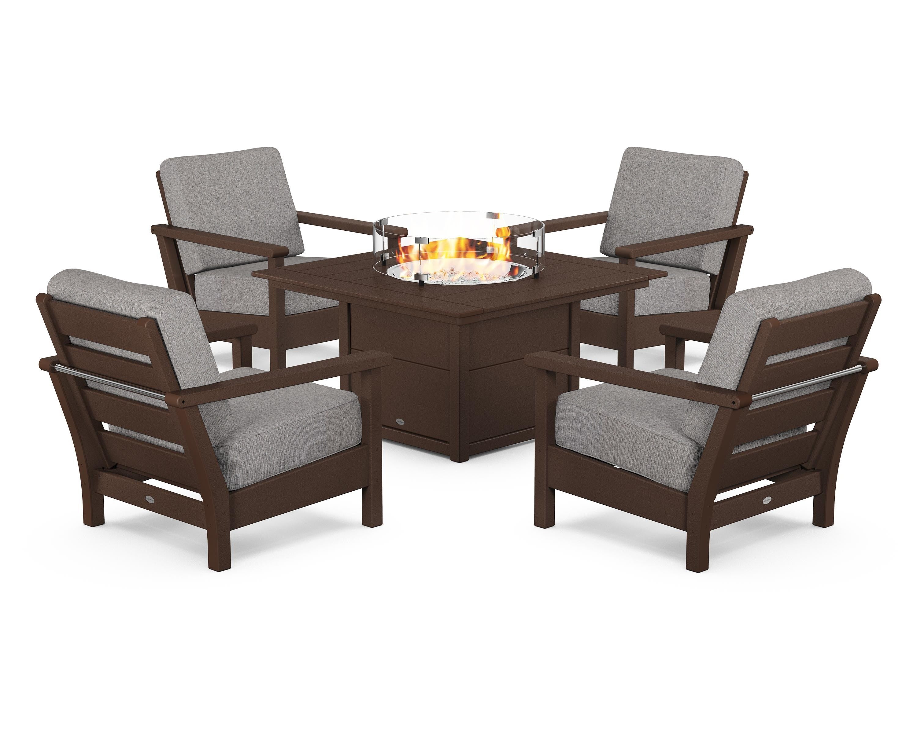 POLYWOOD Harbour 5-Piece Conversation Set with Fire Pit Table in Mahogany / Grey Mist