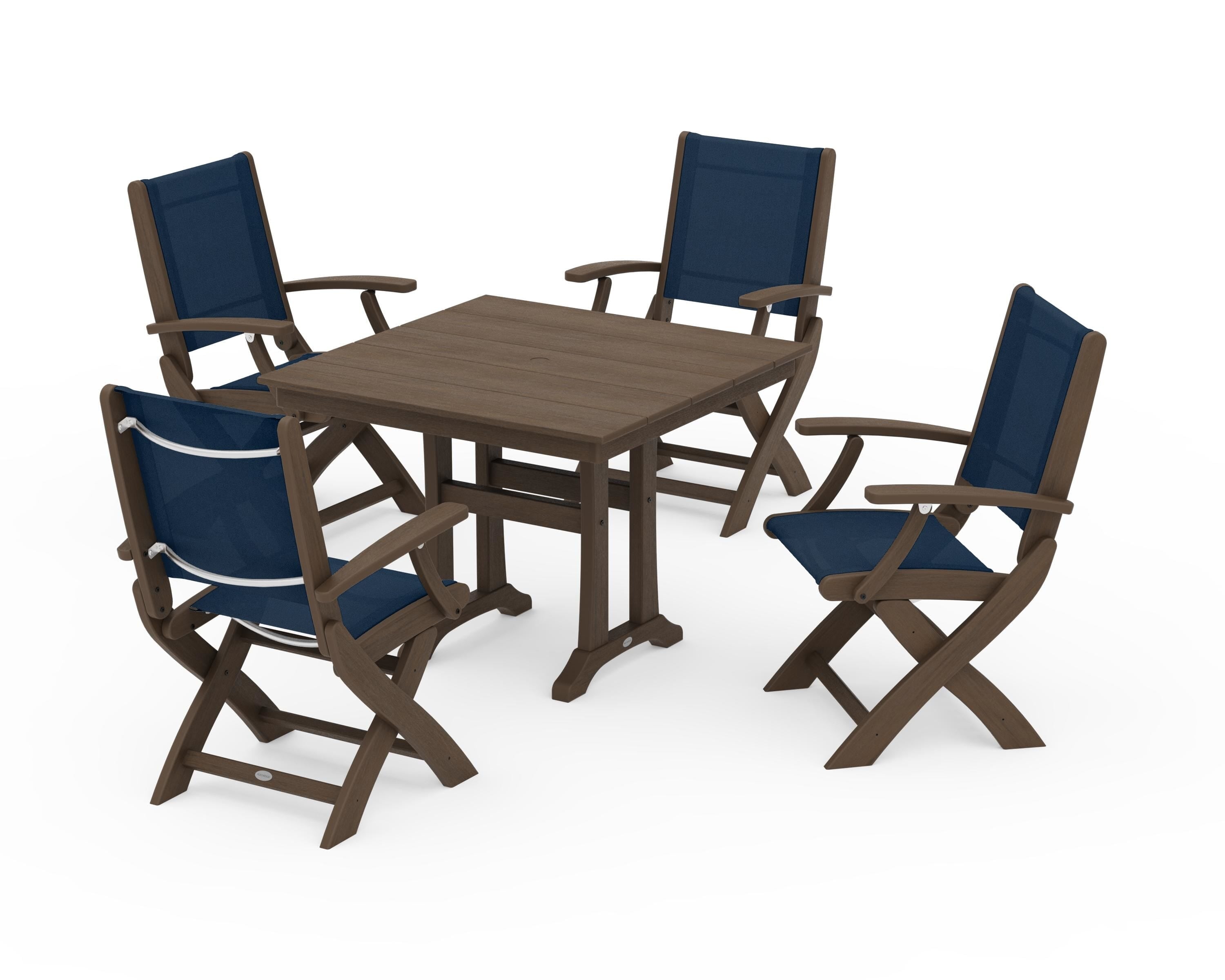 POLYWOOD Coastal Folding Chair 5-Piece Farmhouse Dining Set With Trestle Legs in Kona / Navy Blue Sling
