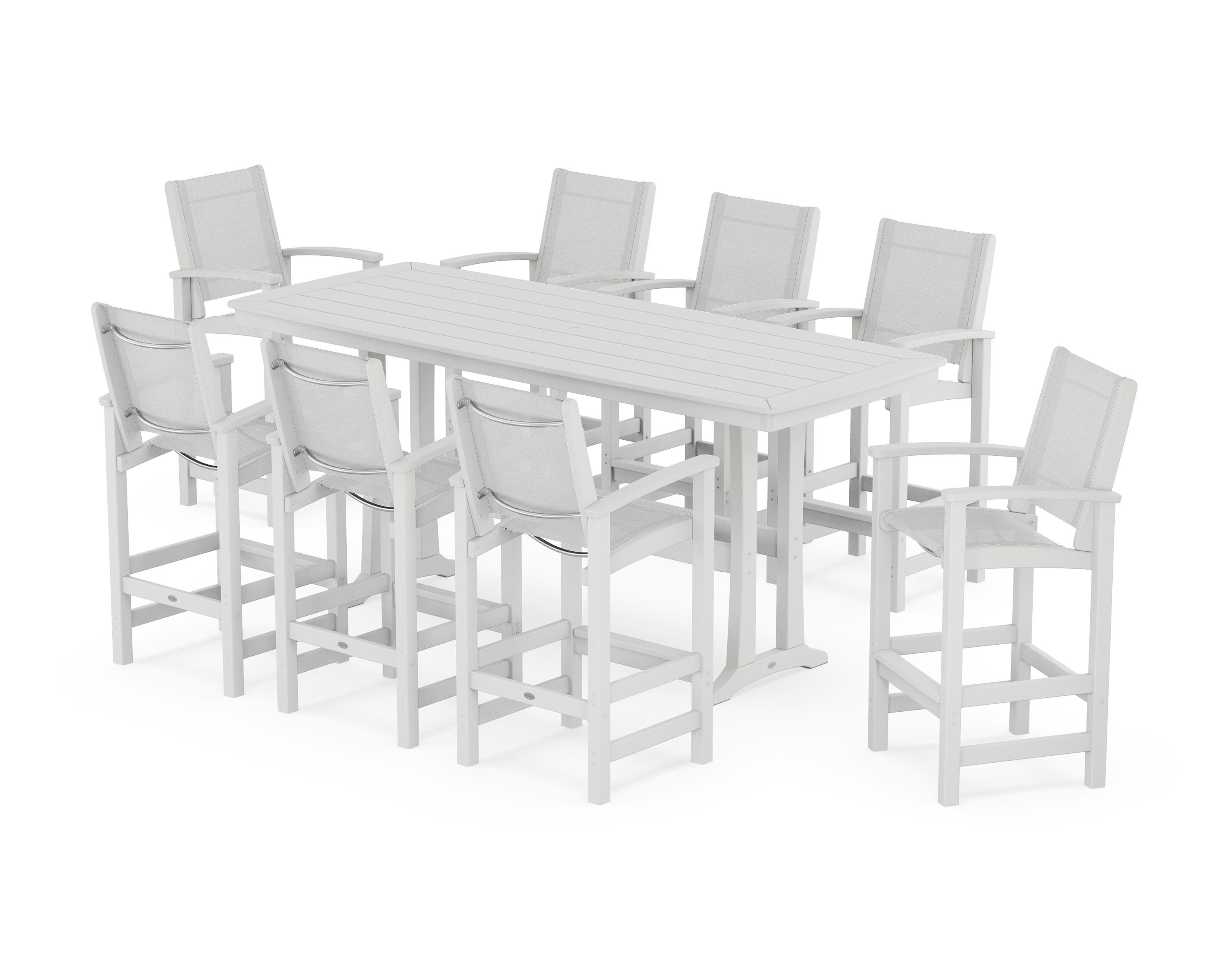 POLYWOOD Coastal 9-Piece Bar Set with Trestle Legs in White / White Sling