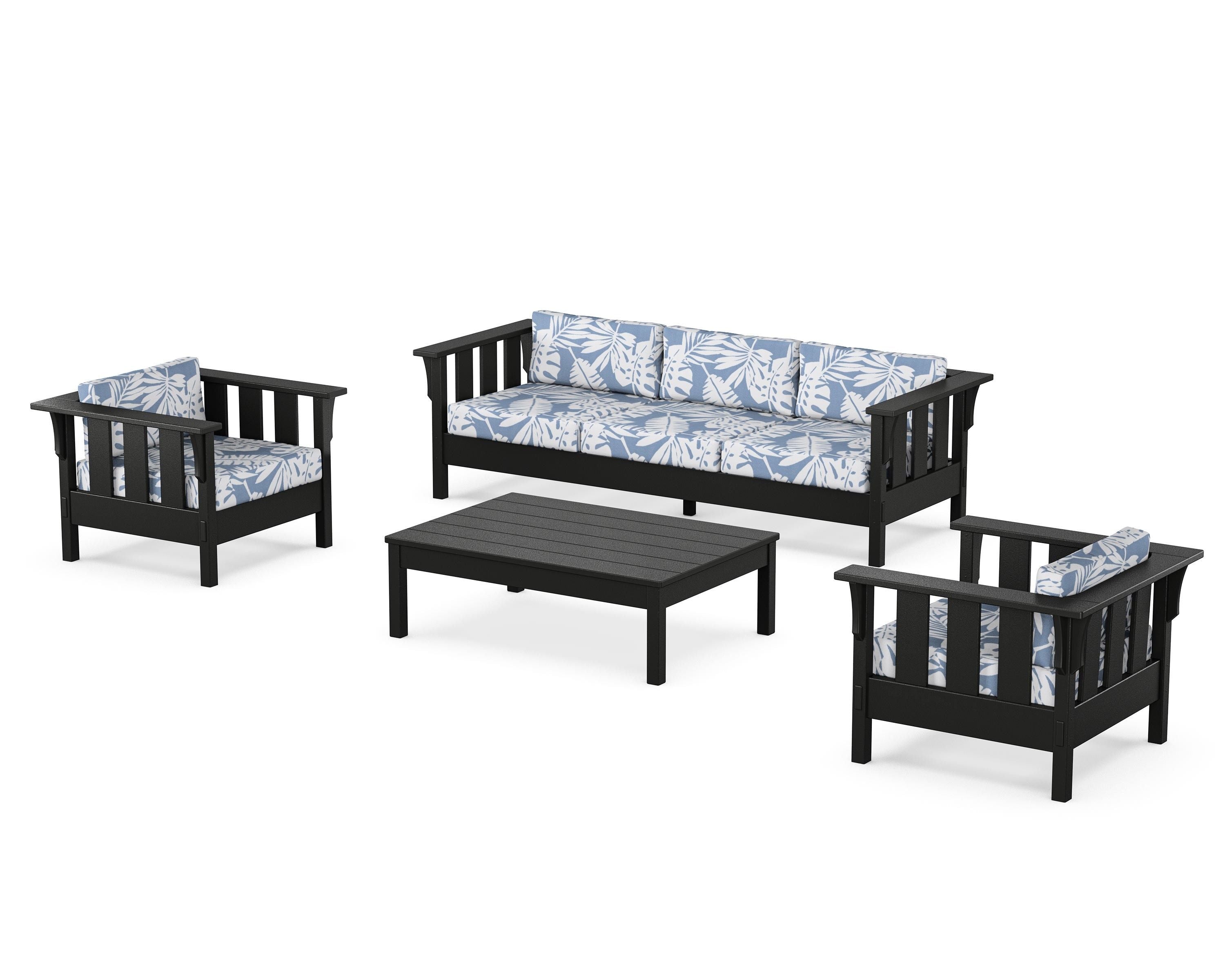 Martha Stewart by POLYWOOD Acadia 4-Piece Deep Seating Set with Sofa in Black / Leaf Sky Blue