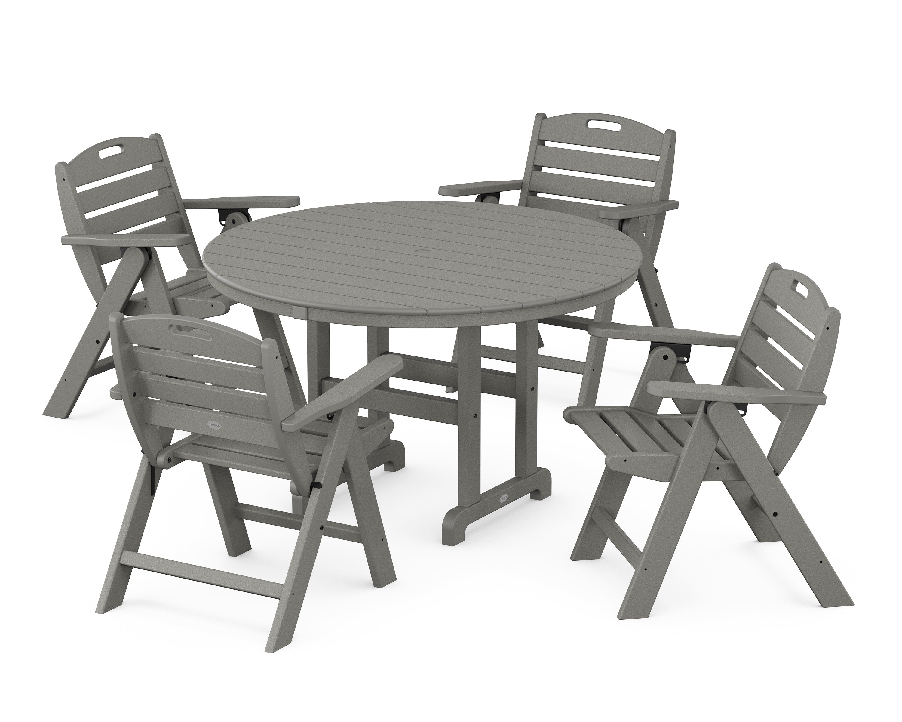 POLYWOOD® Nautical Folding Lowback Chair 5-Piece Round Farmhouse Dining Set in Slate Grey