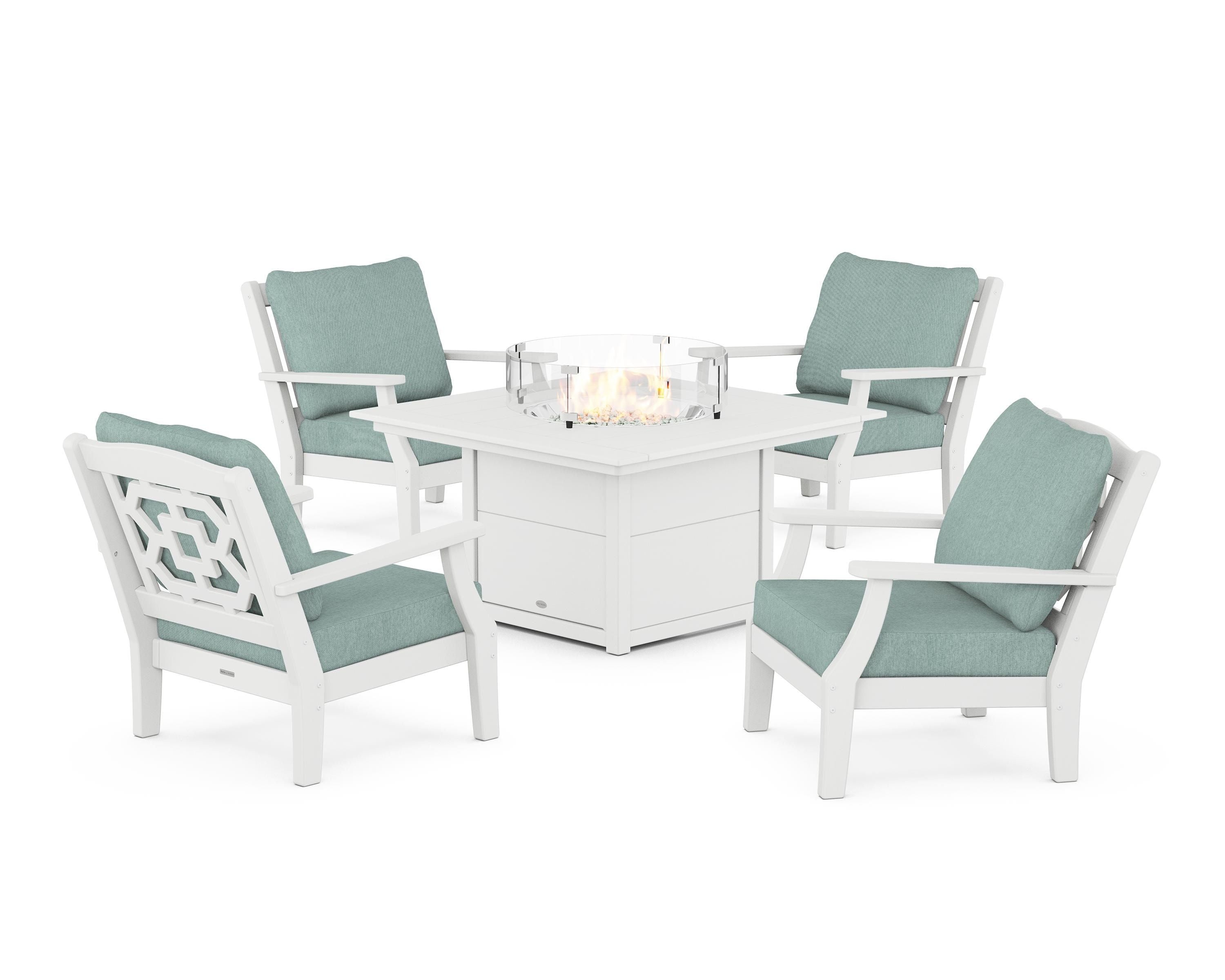 Martha Stewart by POLYWOOD Chinoiserie 5-Piece Deep Seating Set with Fire Pit Table in White / Glacier Spa