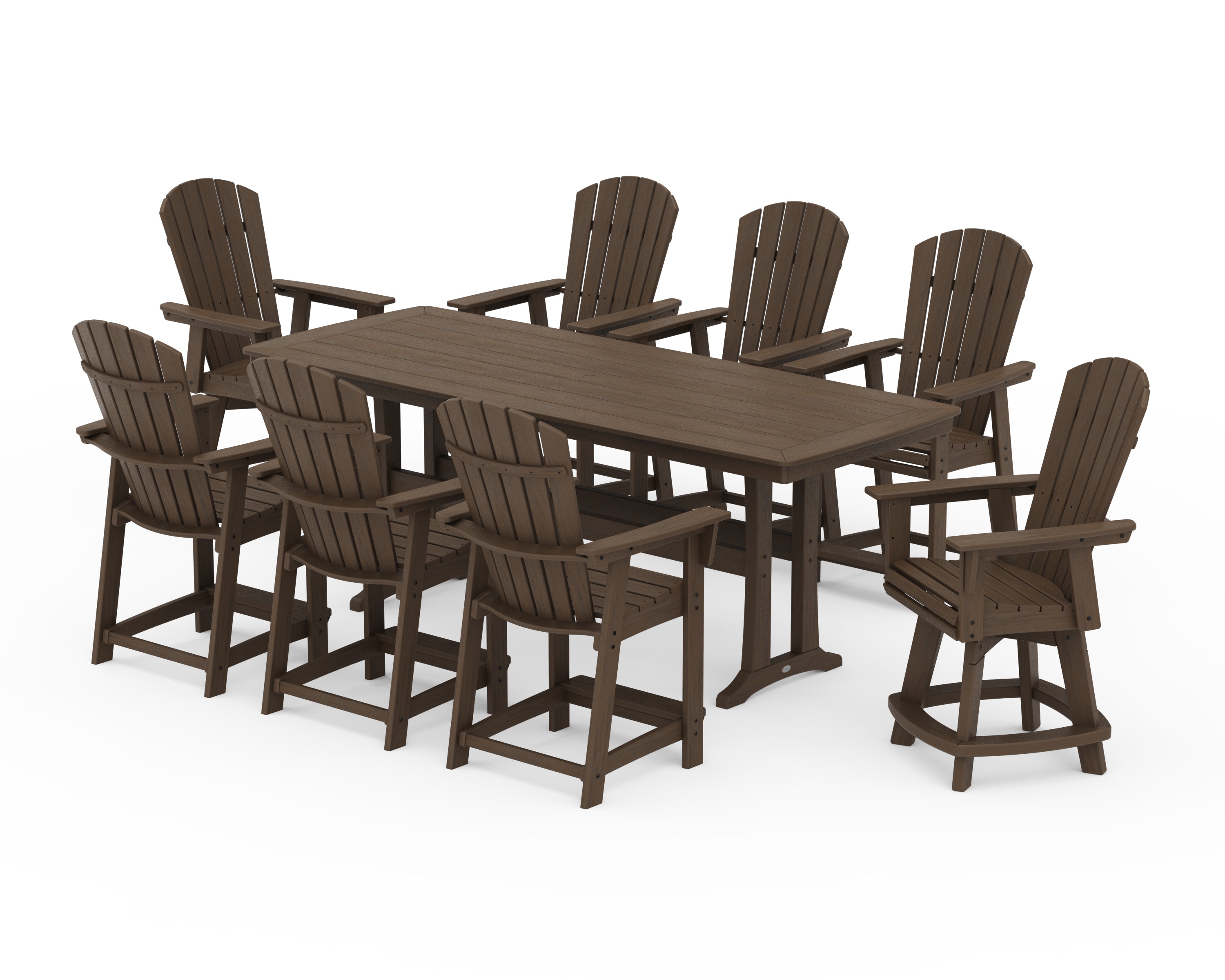 POLYWOOD Nautical Curveback Adirondack Swivel 9-Piece Counter Set with Trestle Legs in Kona