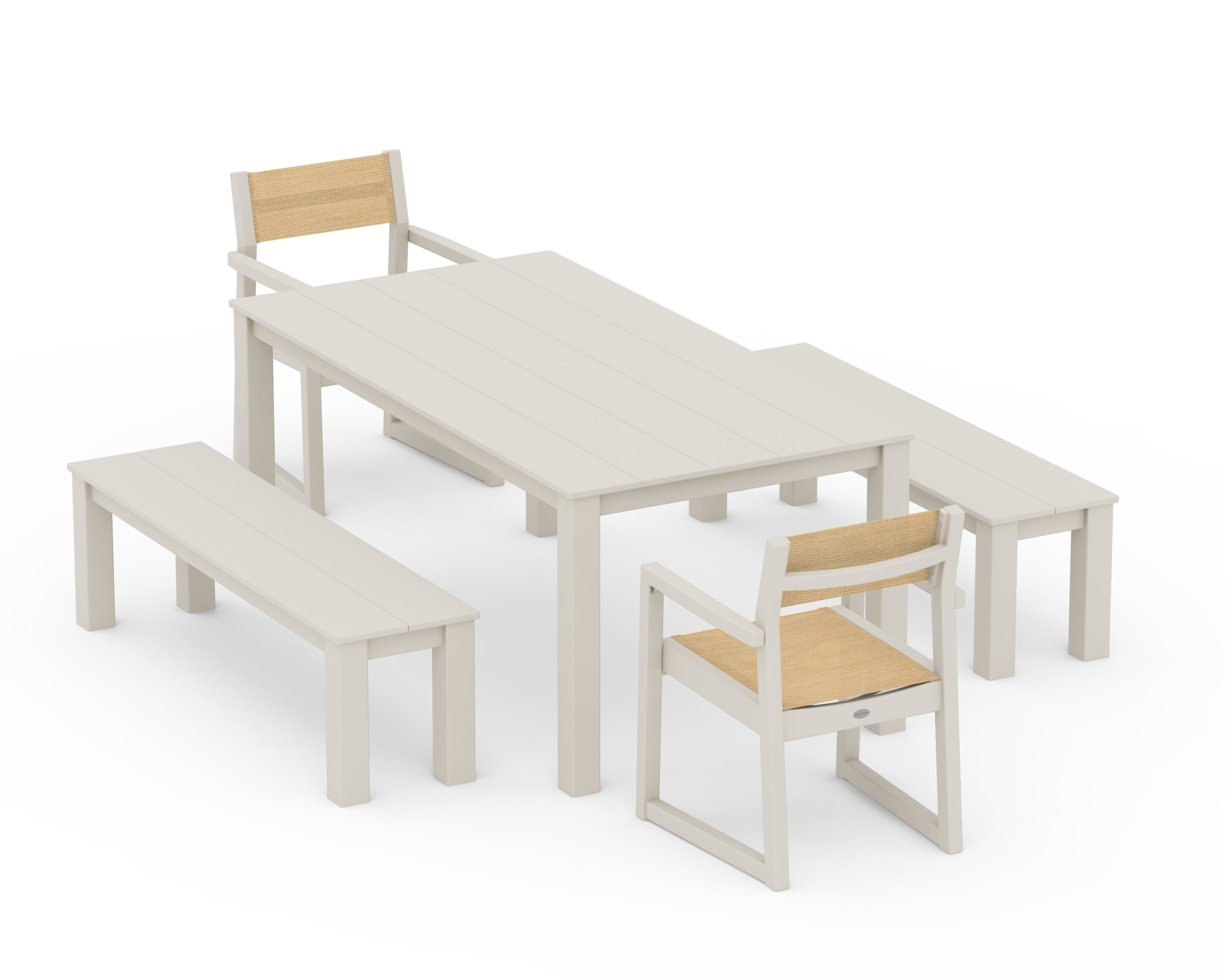 POLYWOOD EDGE Sling Arm Chair 5-Piece Parsons Dining Set with Benches in Sand / Dupioni Apricot Sling
