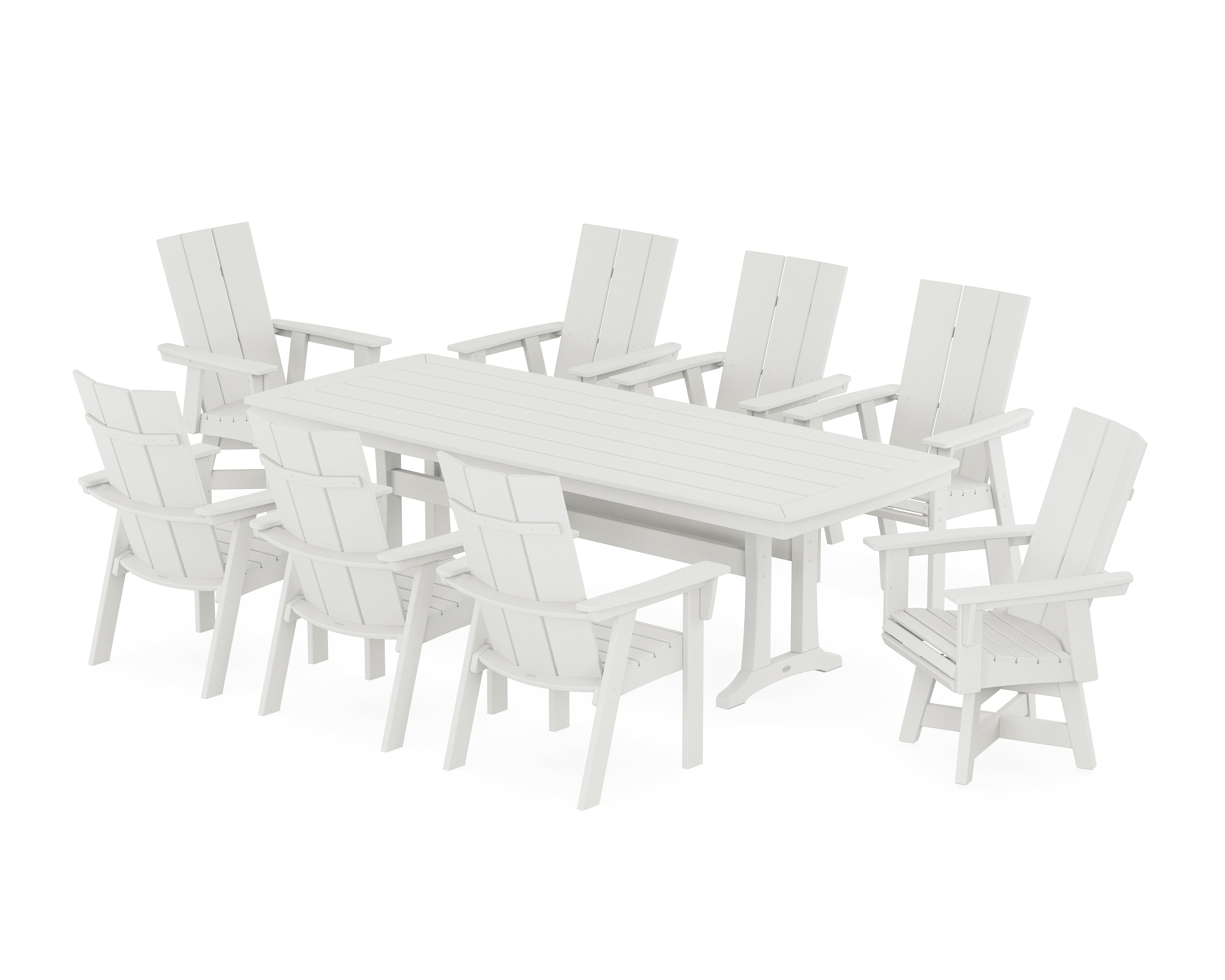 POLYWOOD® Modern Curveback Adirondack Swivel 9-Piece Dining Set with Trestle Legs in Vintage White