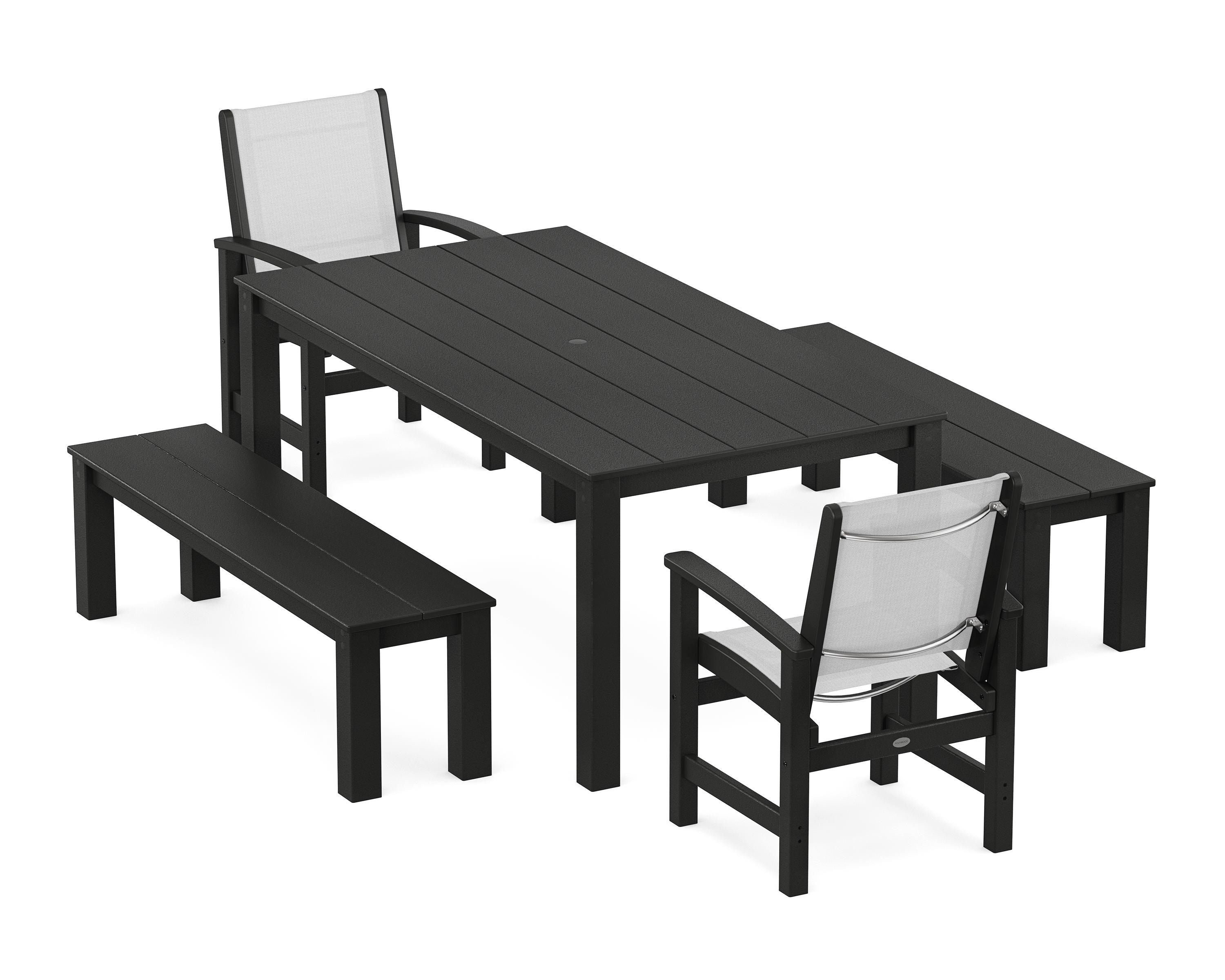 POLYWOOD Coastal 5-Piece Parsons Dining Set with Benches in Black / White Sling