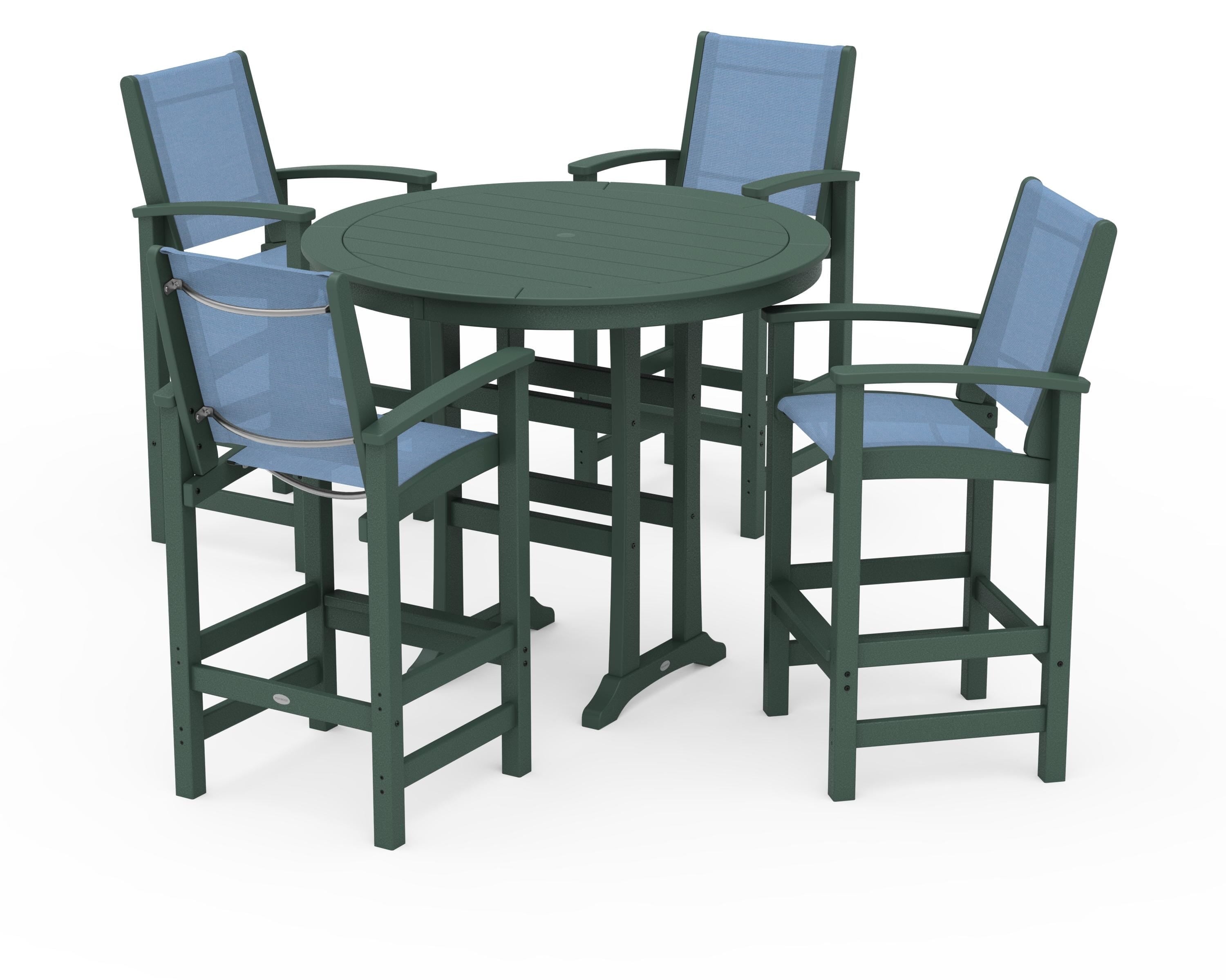 POLYWOOD Coastal 5-Piece Nautical Trestle Bar Set in Green / Poolside Sling