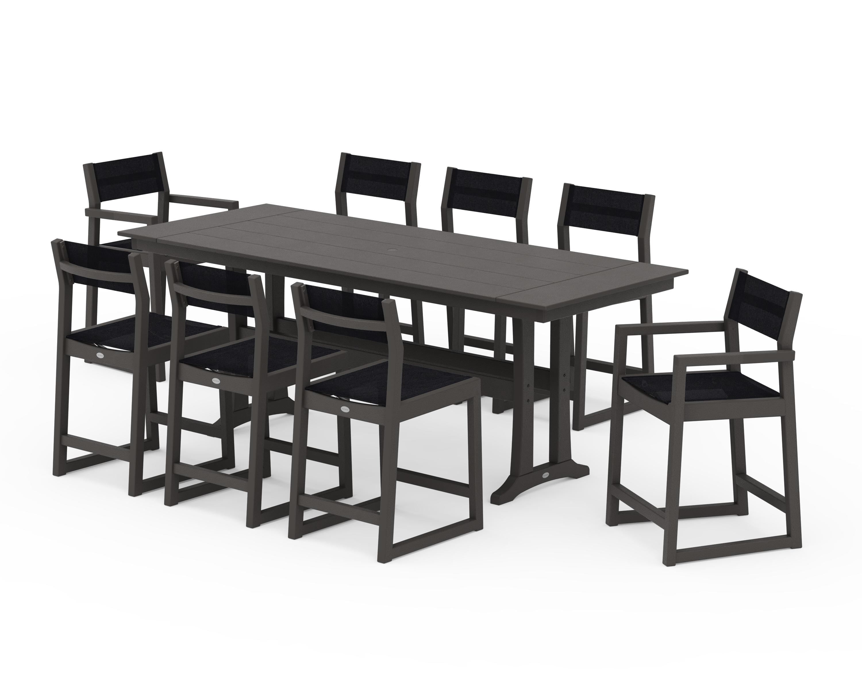 POLYWOOD EDGE Sling 9-Piece Farmhouse Counter Set with Trestle Legs in Vintage Coffee / Black Sling