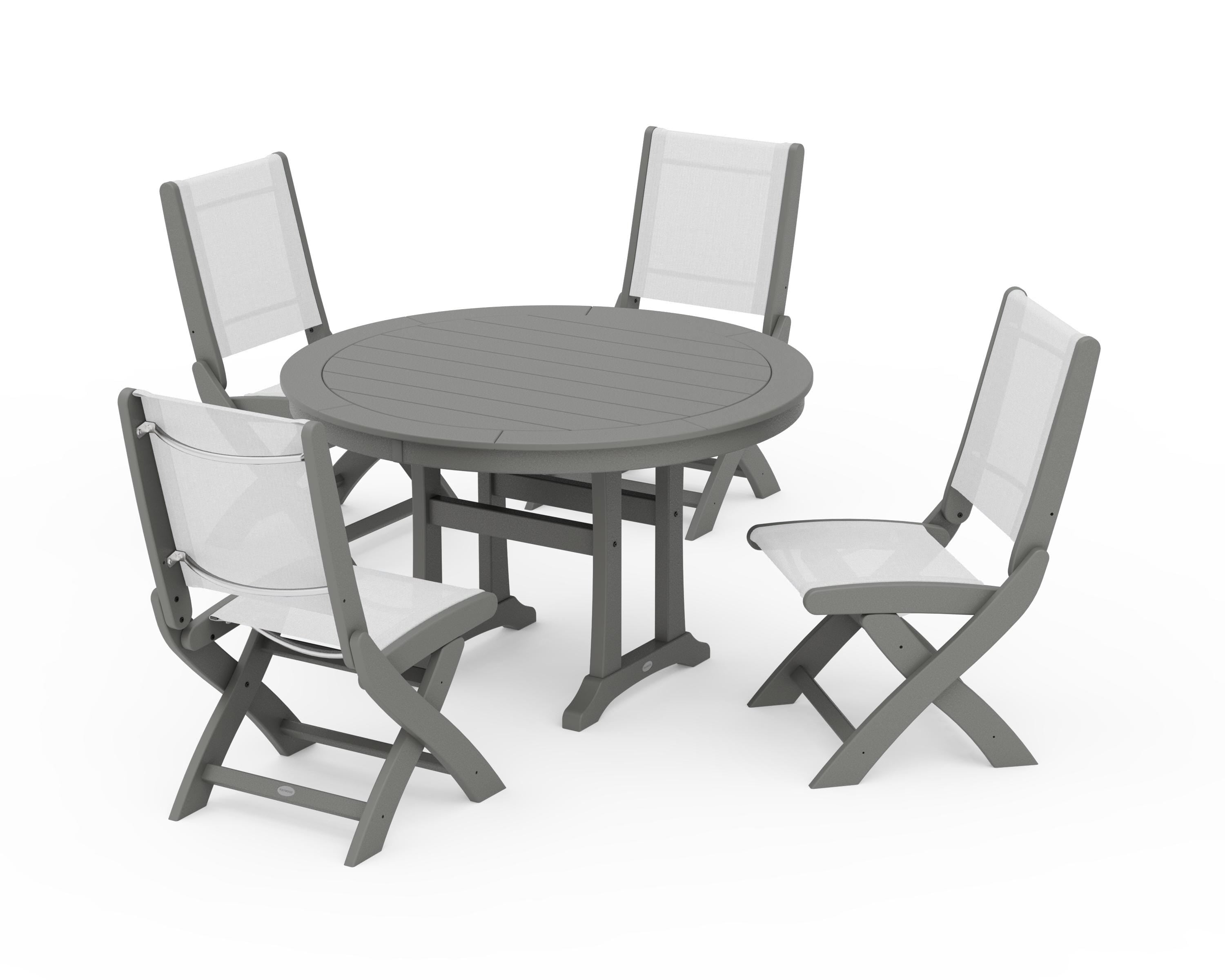 POLYWOOD Coastal Folding Side Chair 5-Piece Round Dining Set With Trestle Legs in Slate Grey / White Sling