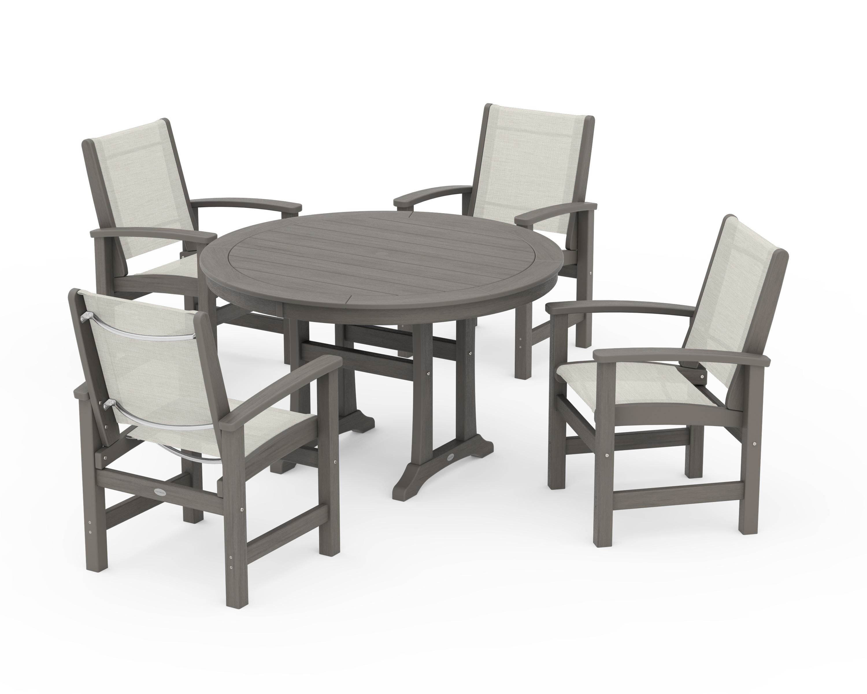 POLYWOOD Coastal 5-Piece Round Dining Set with Trestle Legs in Driftwood / Parchment Sling