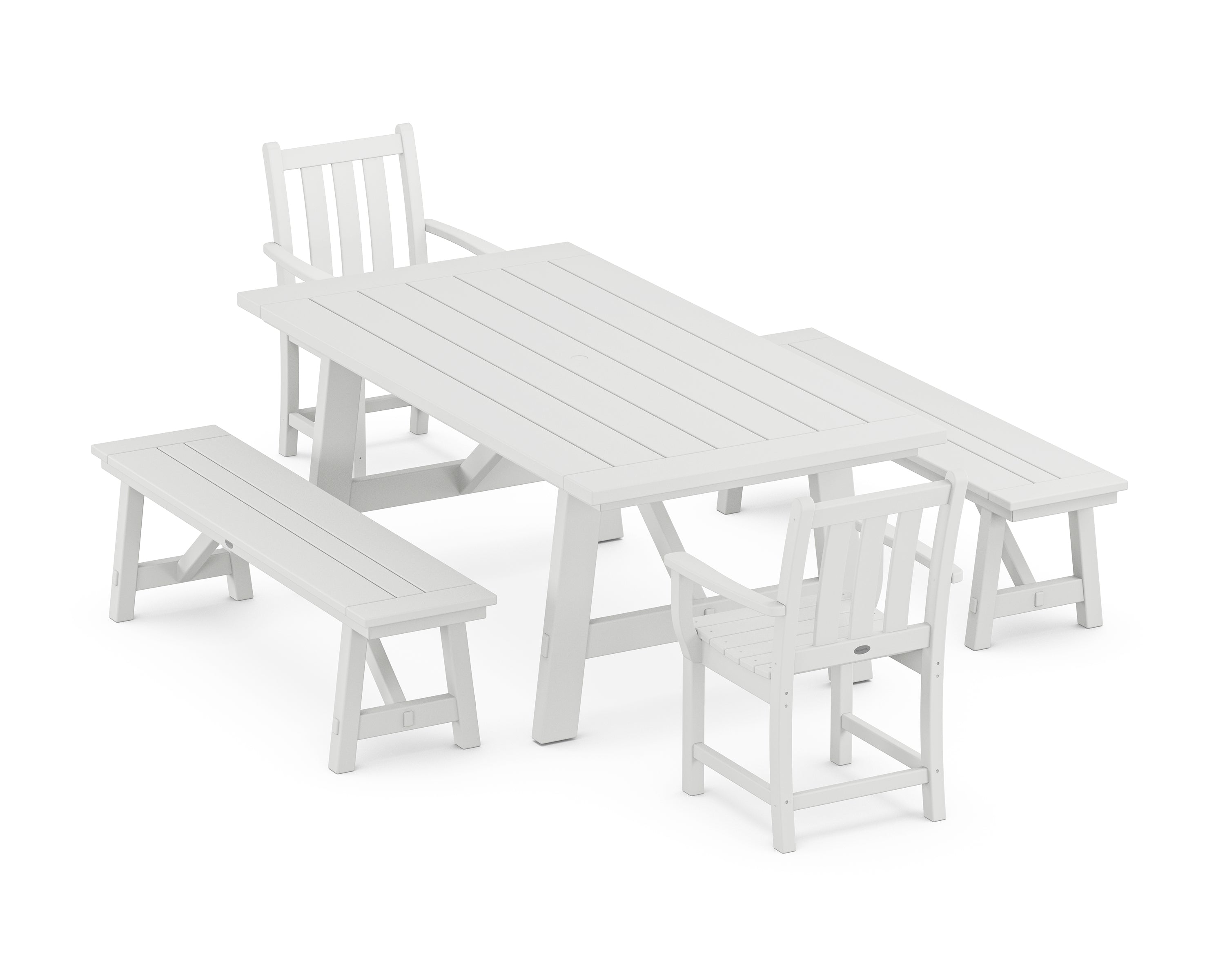 POLYWOOD® Traditional Garden 5-Piece Rustic Farmhouse Dining Set With Benches in White