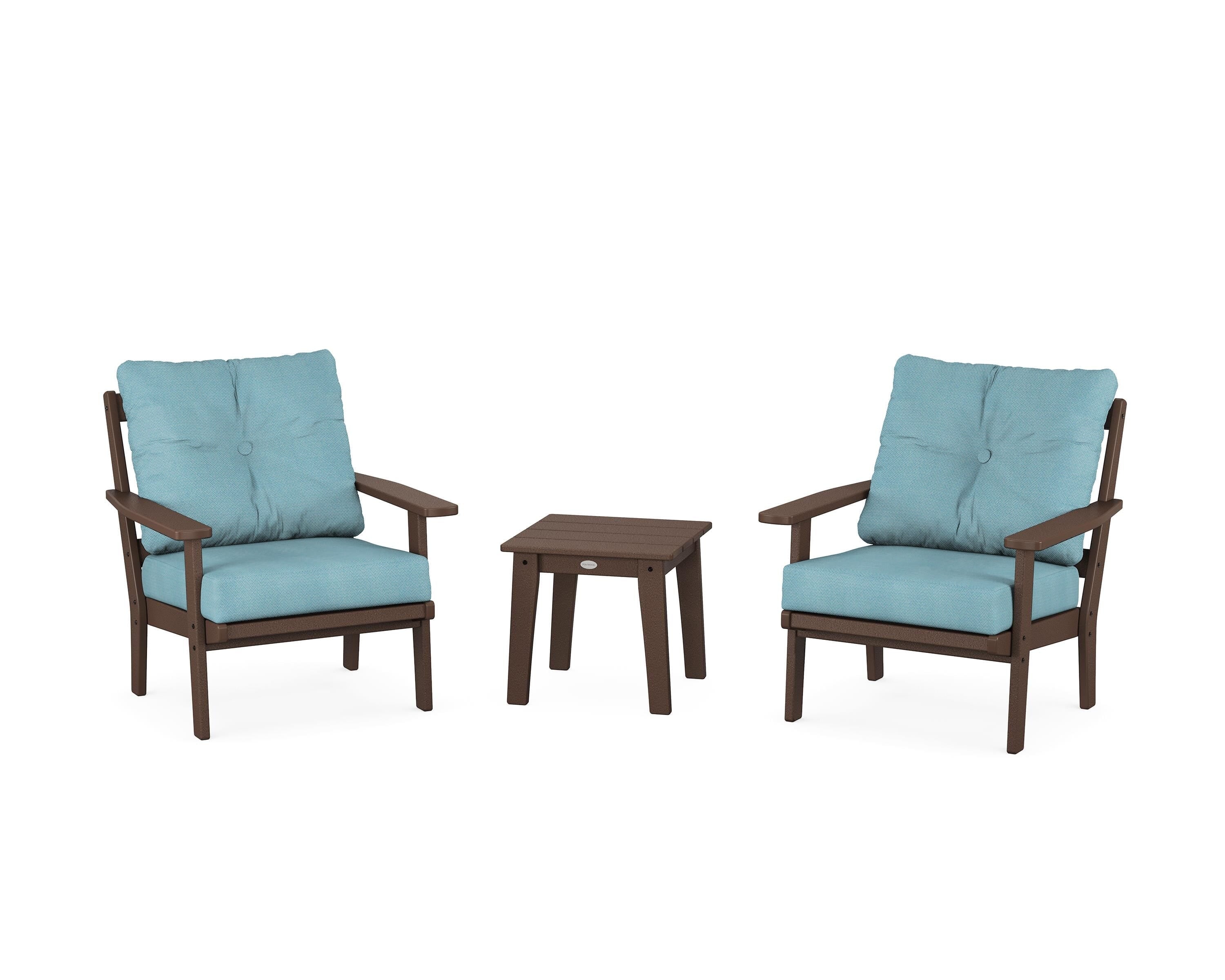 POLYWOOD Prairie 3-Piece Deep Seating Set in Mahogany / Lattice Sky Blue