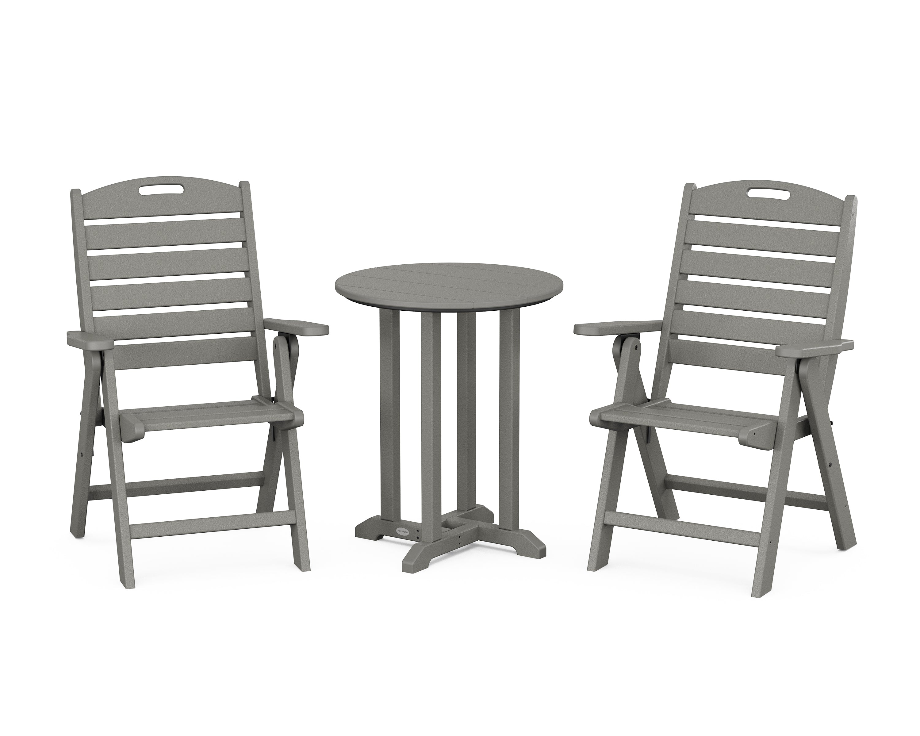 POLYWOOD Nautical Folding Highback Chair 3-Piece Round Bistro Dining Set in Slate Grey