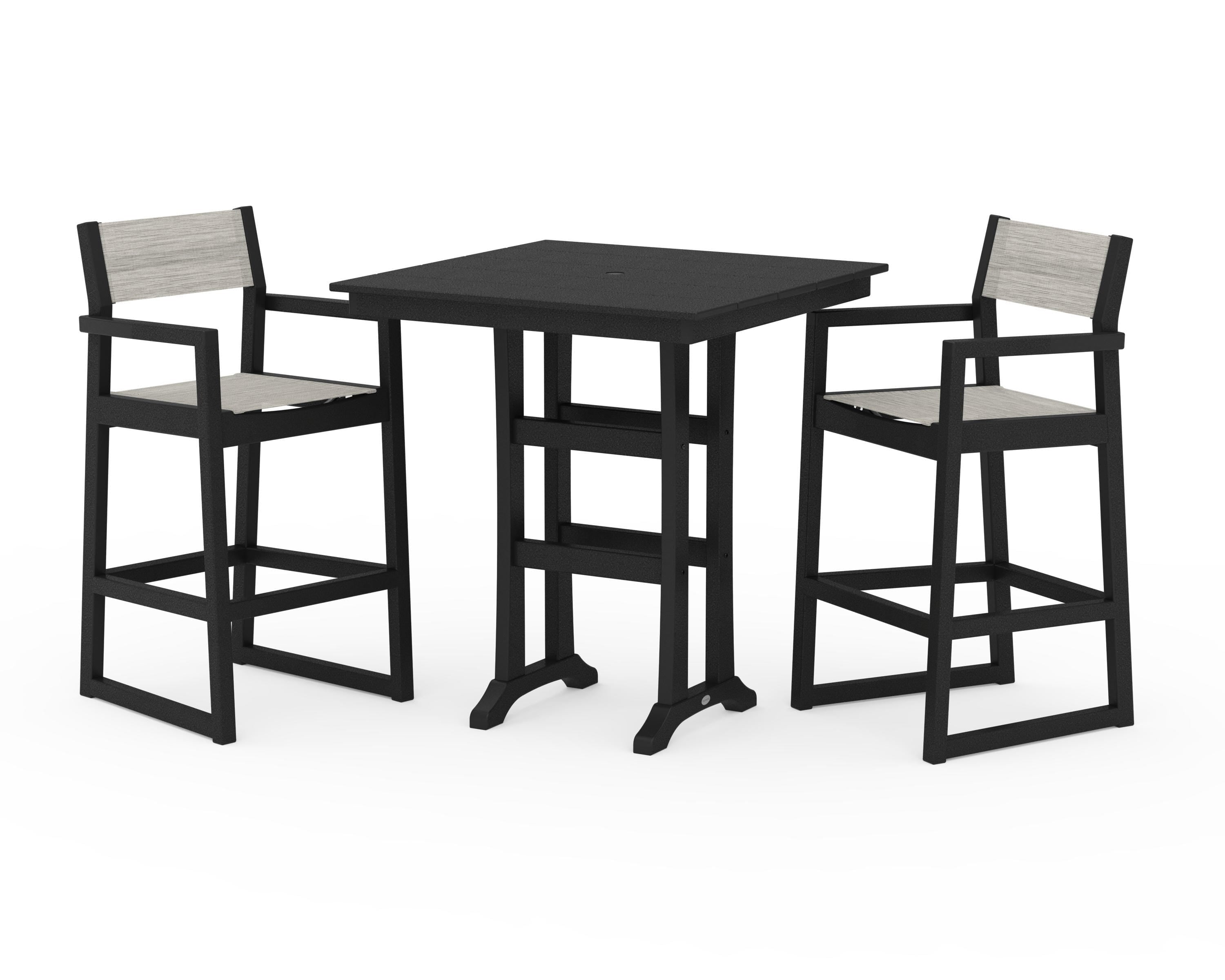 POLYWOOD EDGE Sling Arm Chair 3-Piece Farmhouse Bar Set with Trestle Legs in Black / Birch Sling