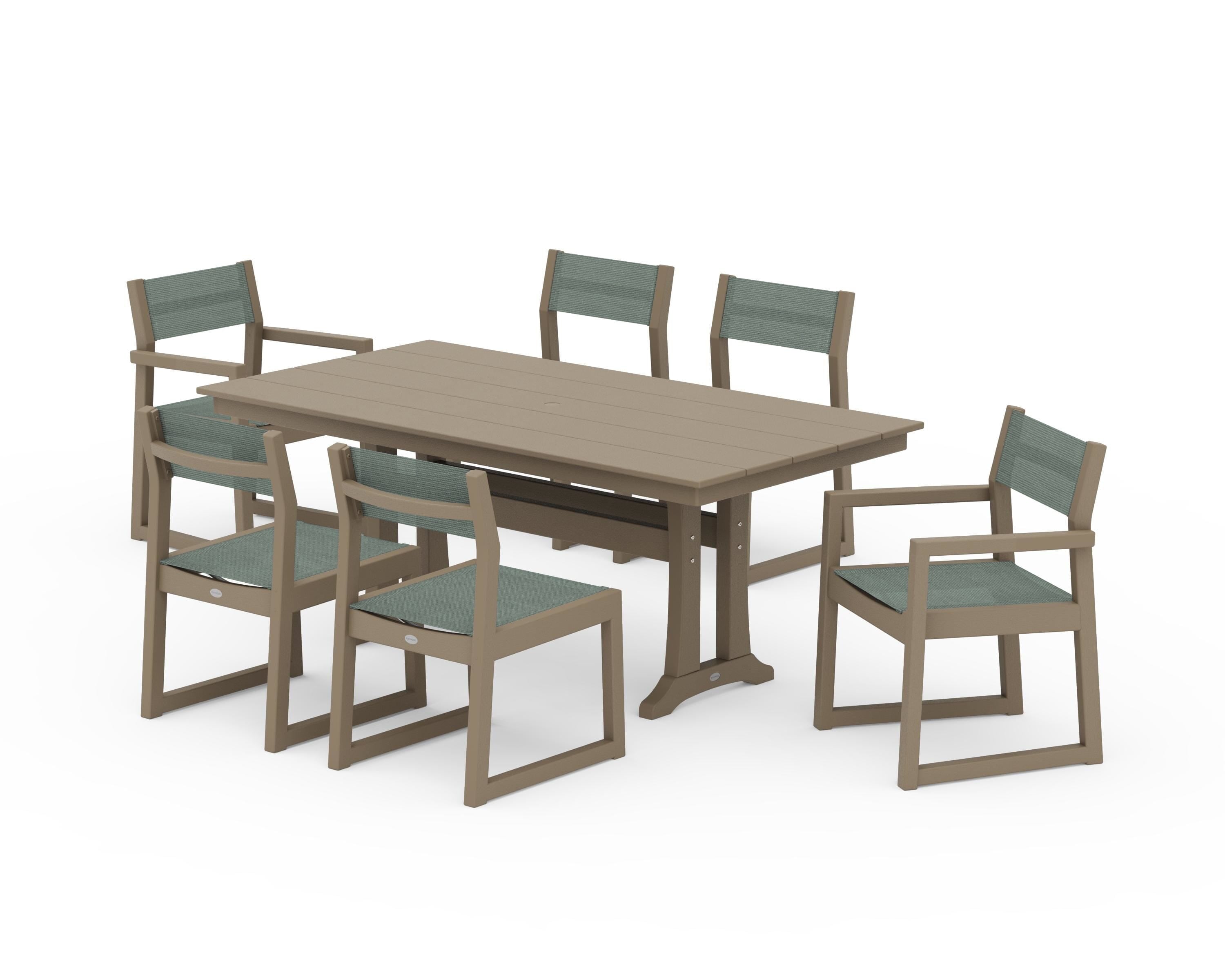 POLYWOOD EDGE Sling 7-Piece Farmhouse Trestle Dining Set in Vintage Sahara / Dupioni Sea Mist Sling