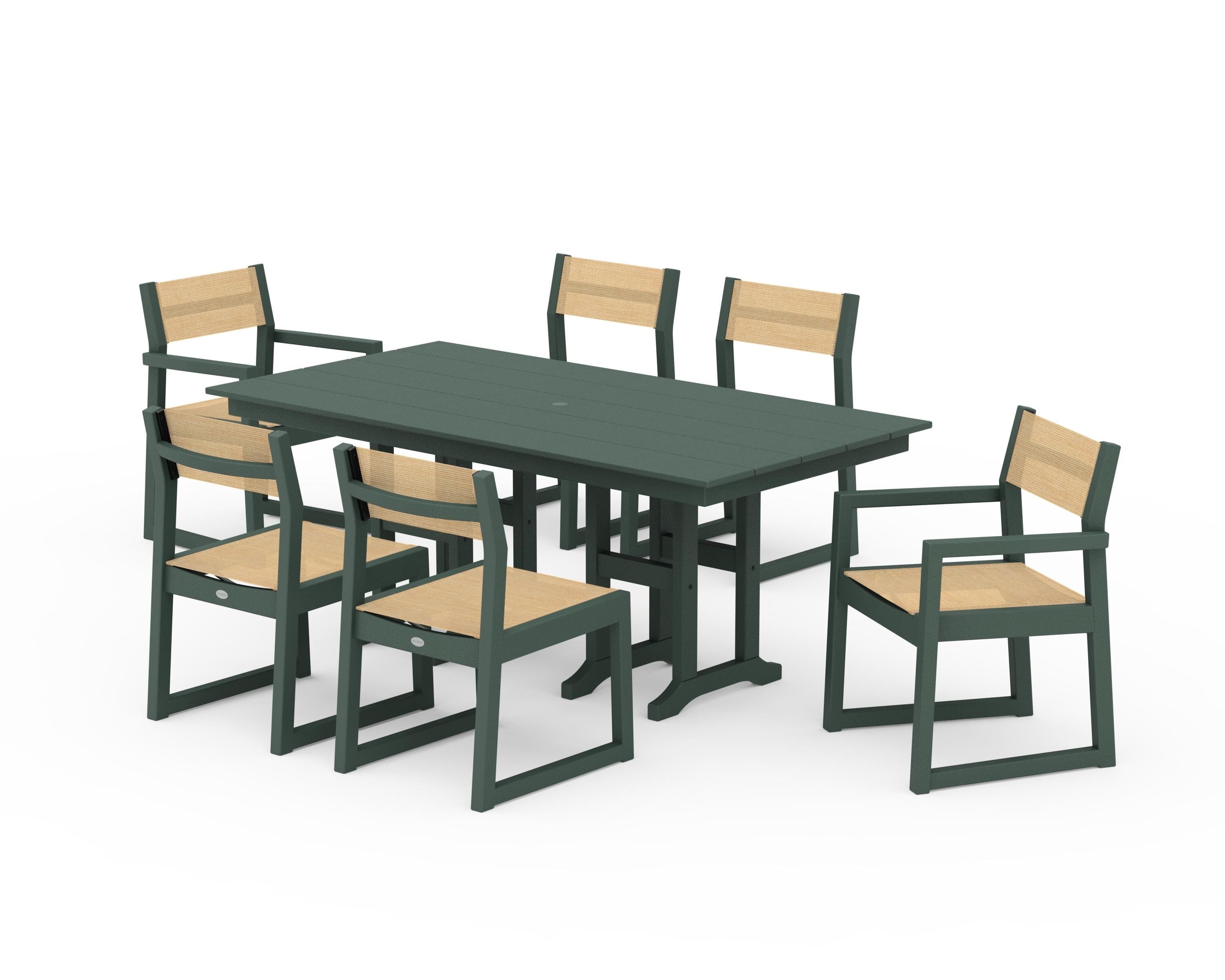 POLYWOOD EDGE Sling 7-Piece Farmhouse Dining Set in Green / Dupioni Apricot Sling