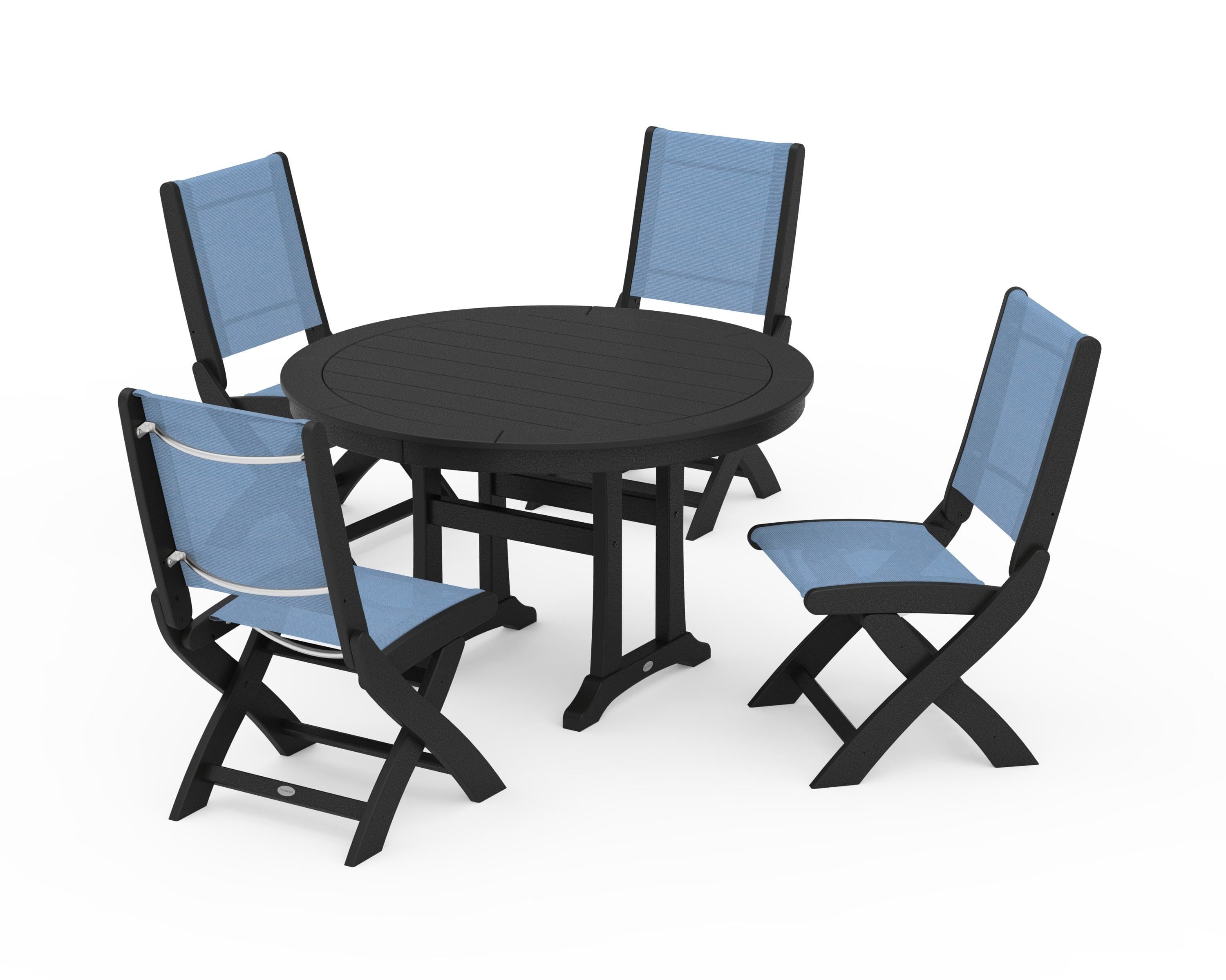 POLYWOOD Coastal Folding Side Chair 5-Piece Round Dining Set With Trestle Legs in Black / Poolside Sling