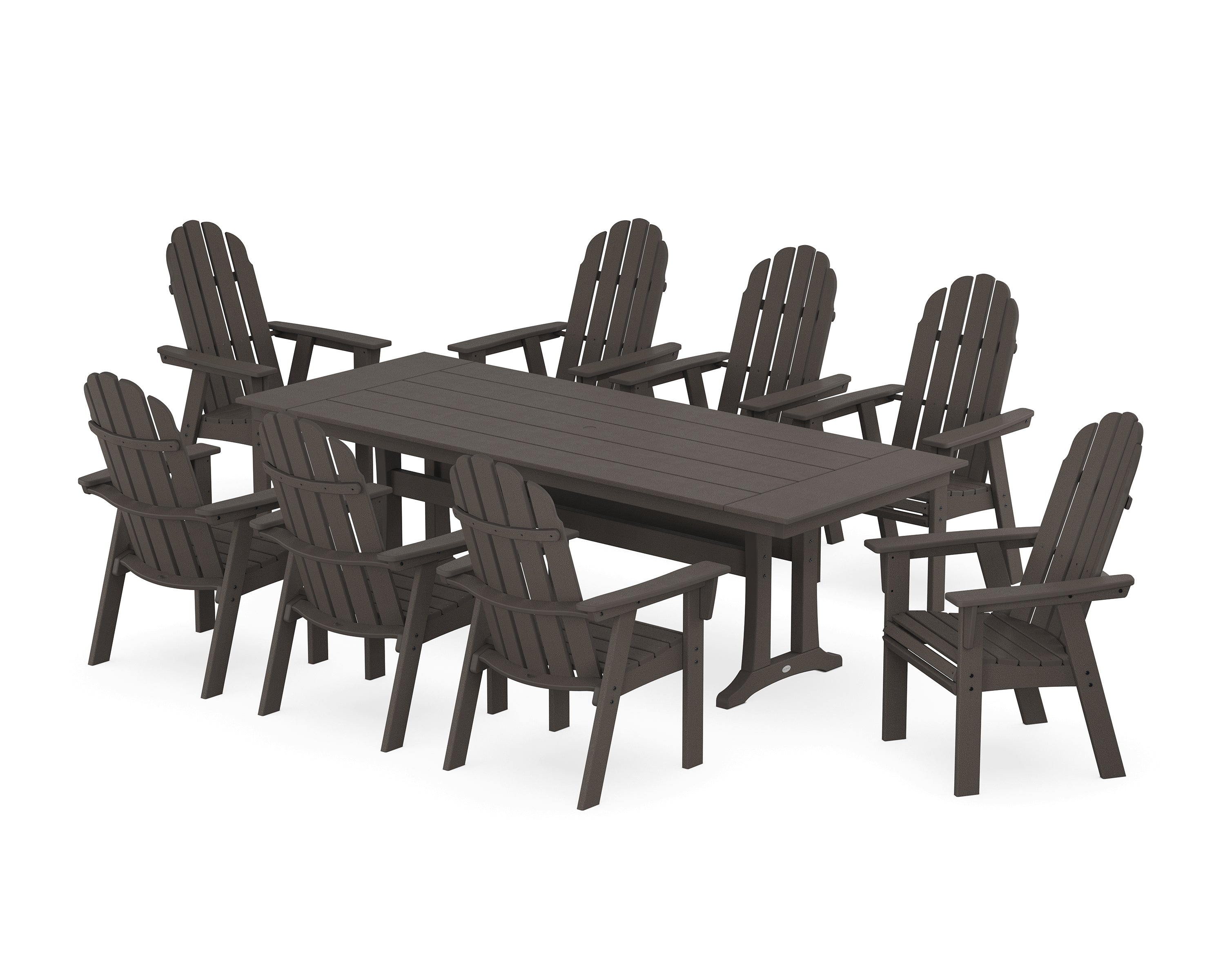POLYWOOD® Vineyard 9-Piece Curveback Adirondack Farmhouse Dining Set with Trestle Legs in Vintage Coffee
