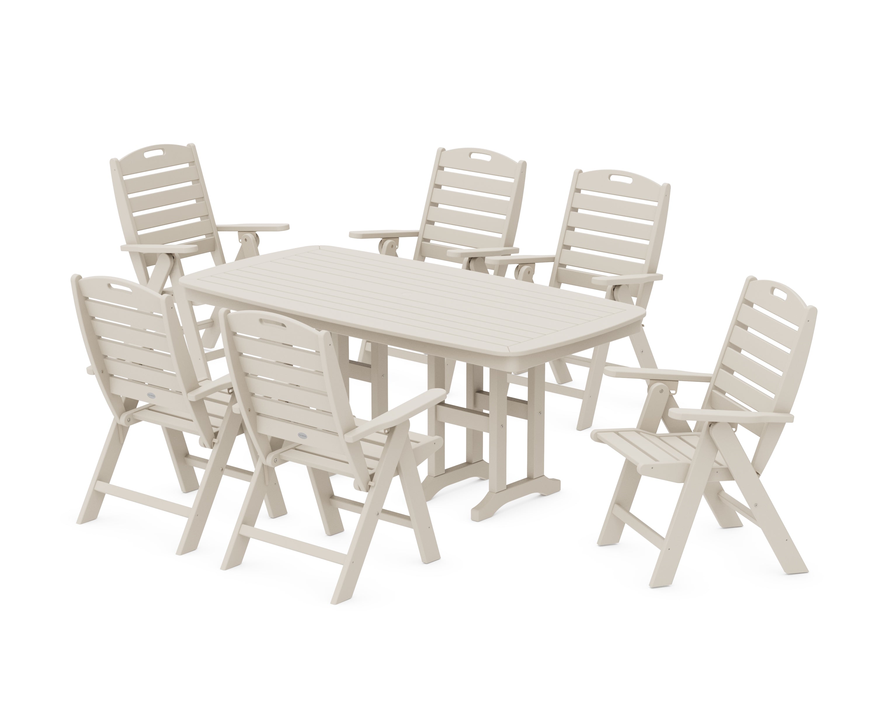 POLYWOOD Nautical Folding Highback Chair 7-Piece Dining Set in Sand