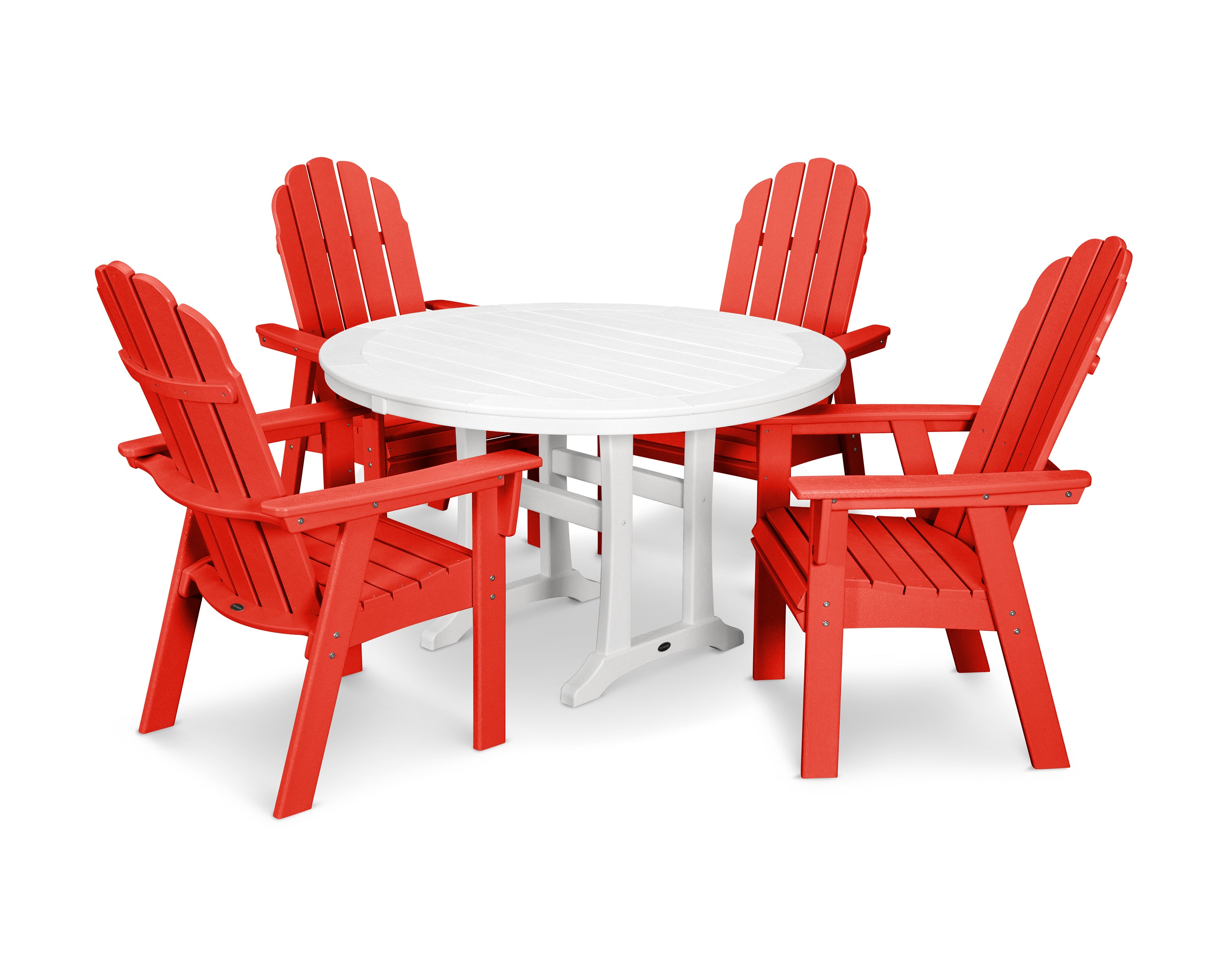 POLYWOOD® Vineyard Curveback Adirondack 5-Piece Nautical Trestle Dining Set in Sunset Red / White
