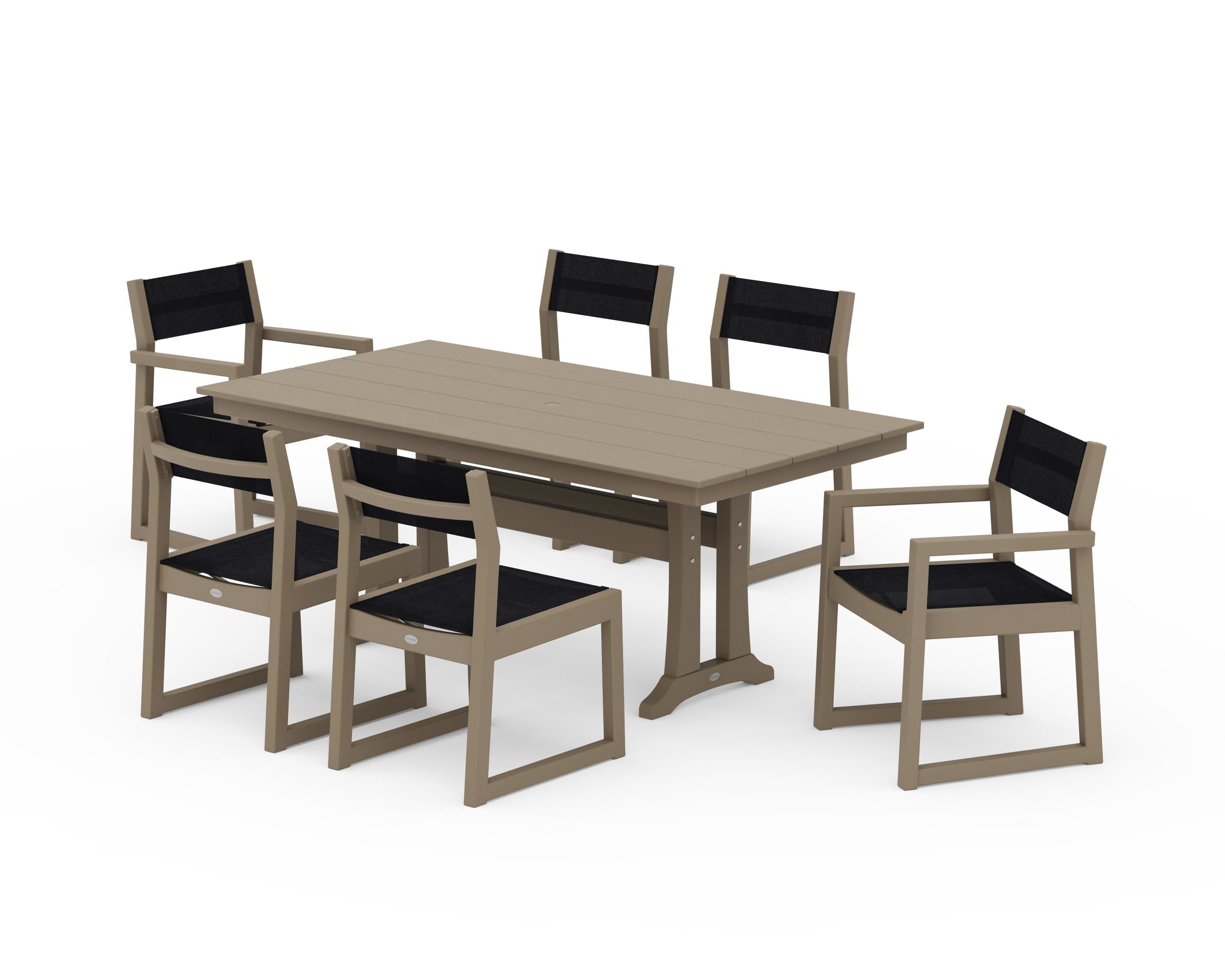 POLYWOOD EDGE Sling 7-Piece Farmhouse Trestle Dining Set in Vintage Sahara / Black Sling