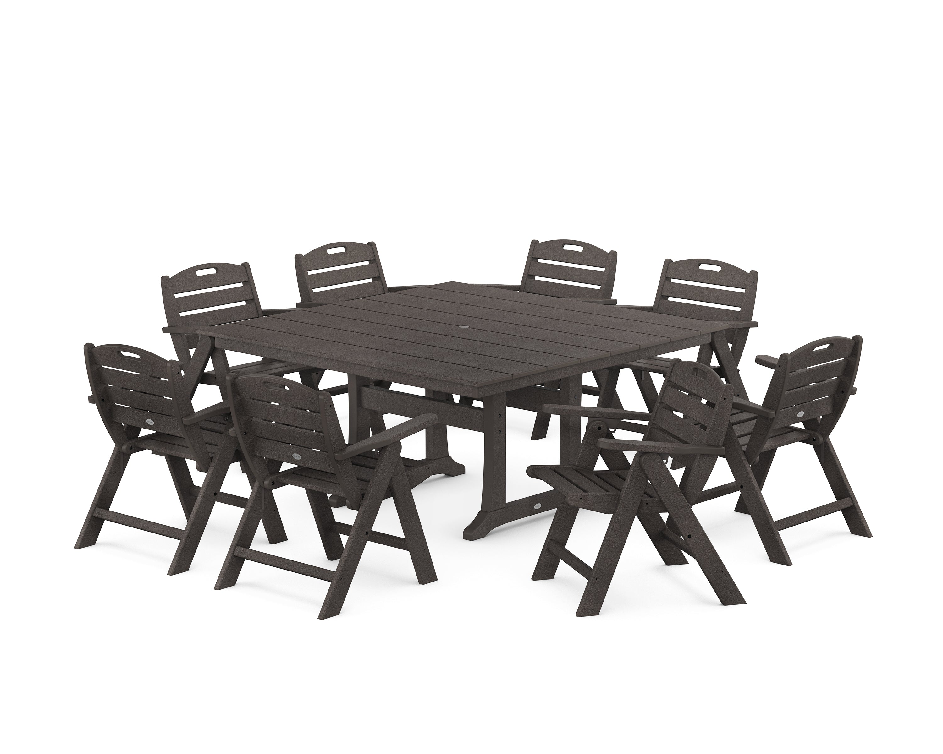 POLYWOOD Nautical Lowback 9-Piece Square Farmhouse Dining Set with Trestle Legs in Vintage Coffee