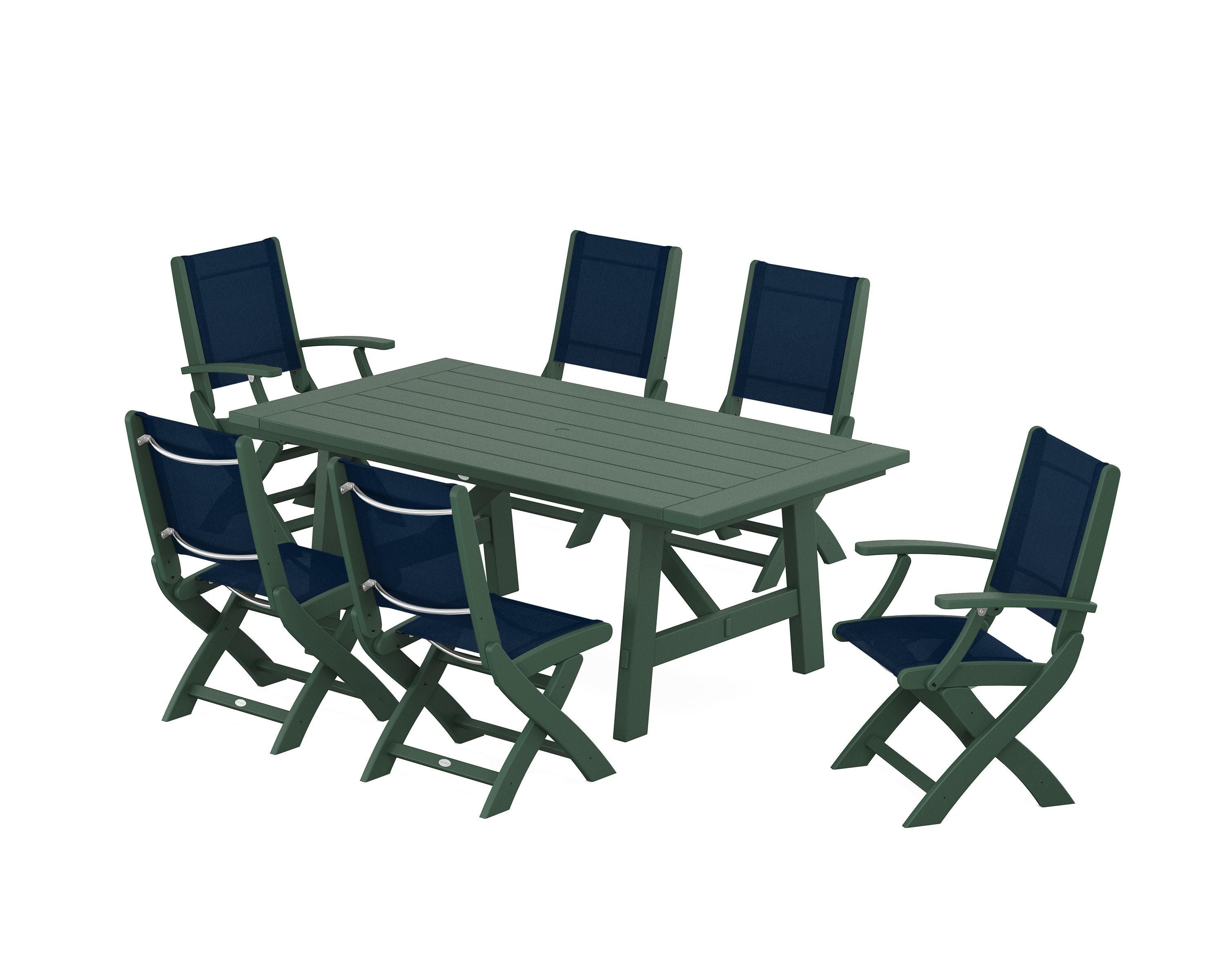 POLYWOOD Coastal Folding Chair 7-Piece Rustic Farmhouse Dining Set in Green / Navy Blue Sling