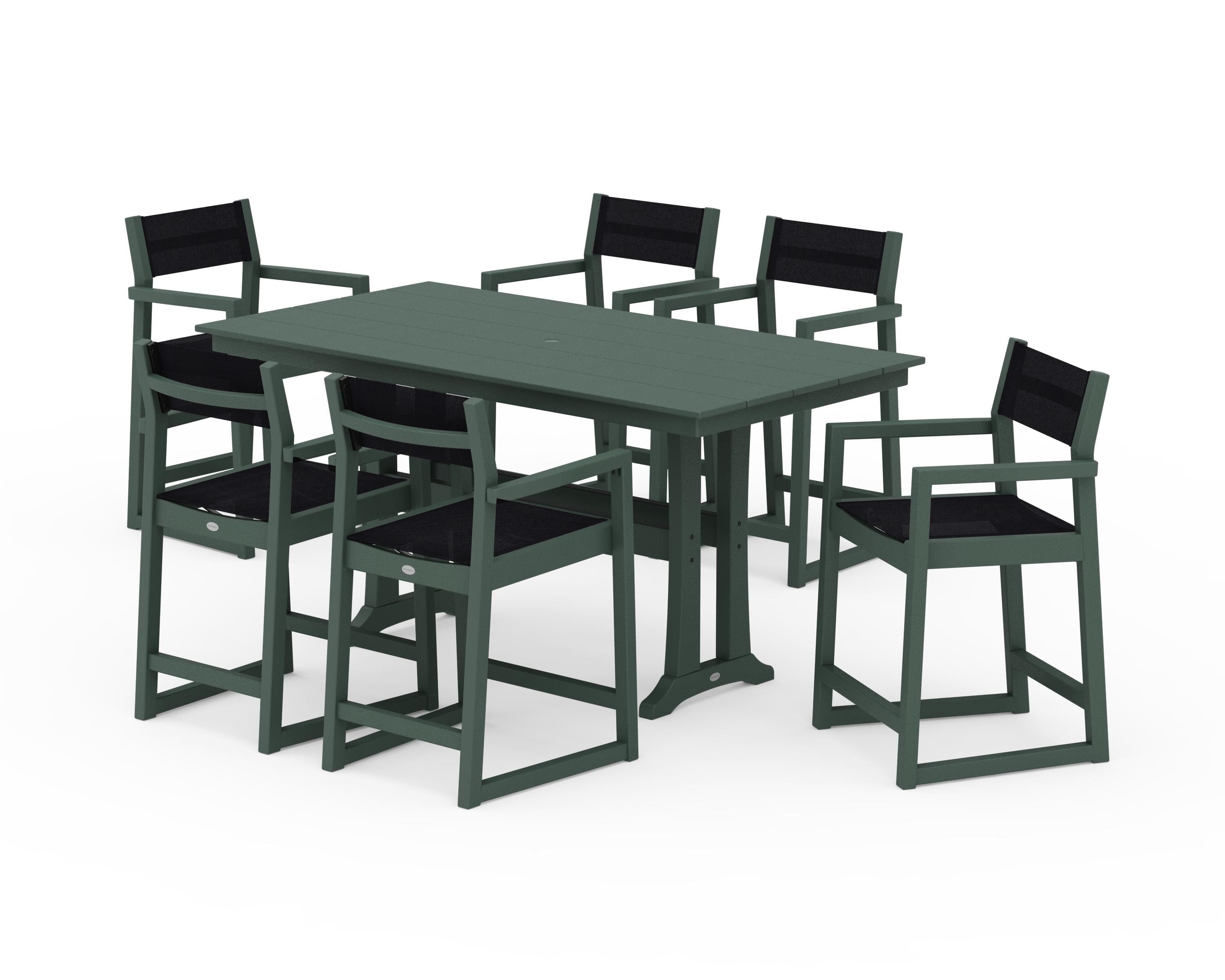POLYWOOD EDGE Sling Arm Chair 7-Piece Farmhouse Counter Set with Trestle Legs in Green / Black Sling