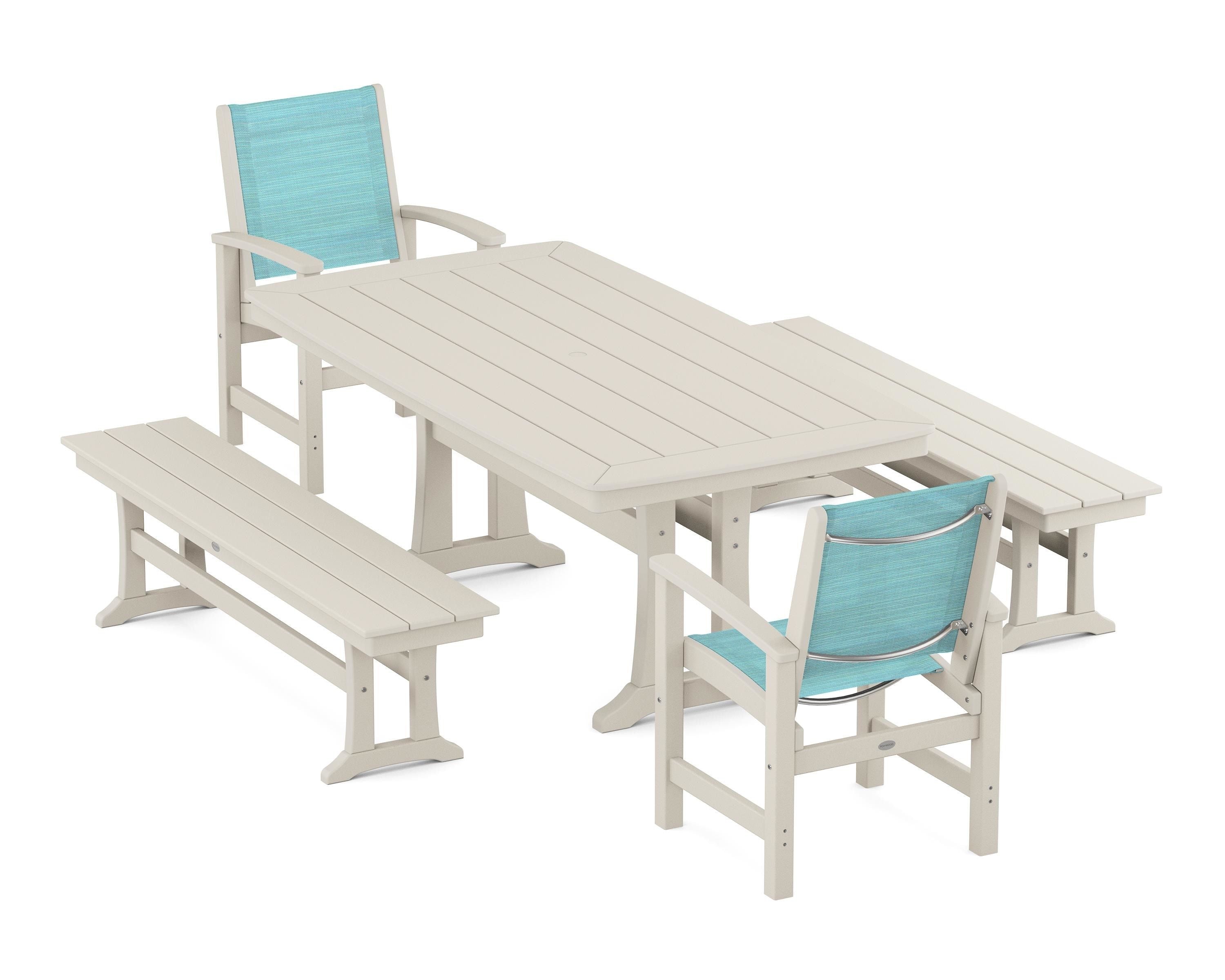 POLYWOOD Coastal 5-Piece Dining Set with Trestle Legs and Benches in Sand / Dupioni Aquamarine Sling