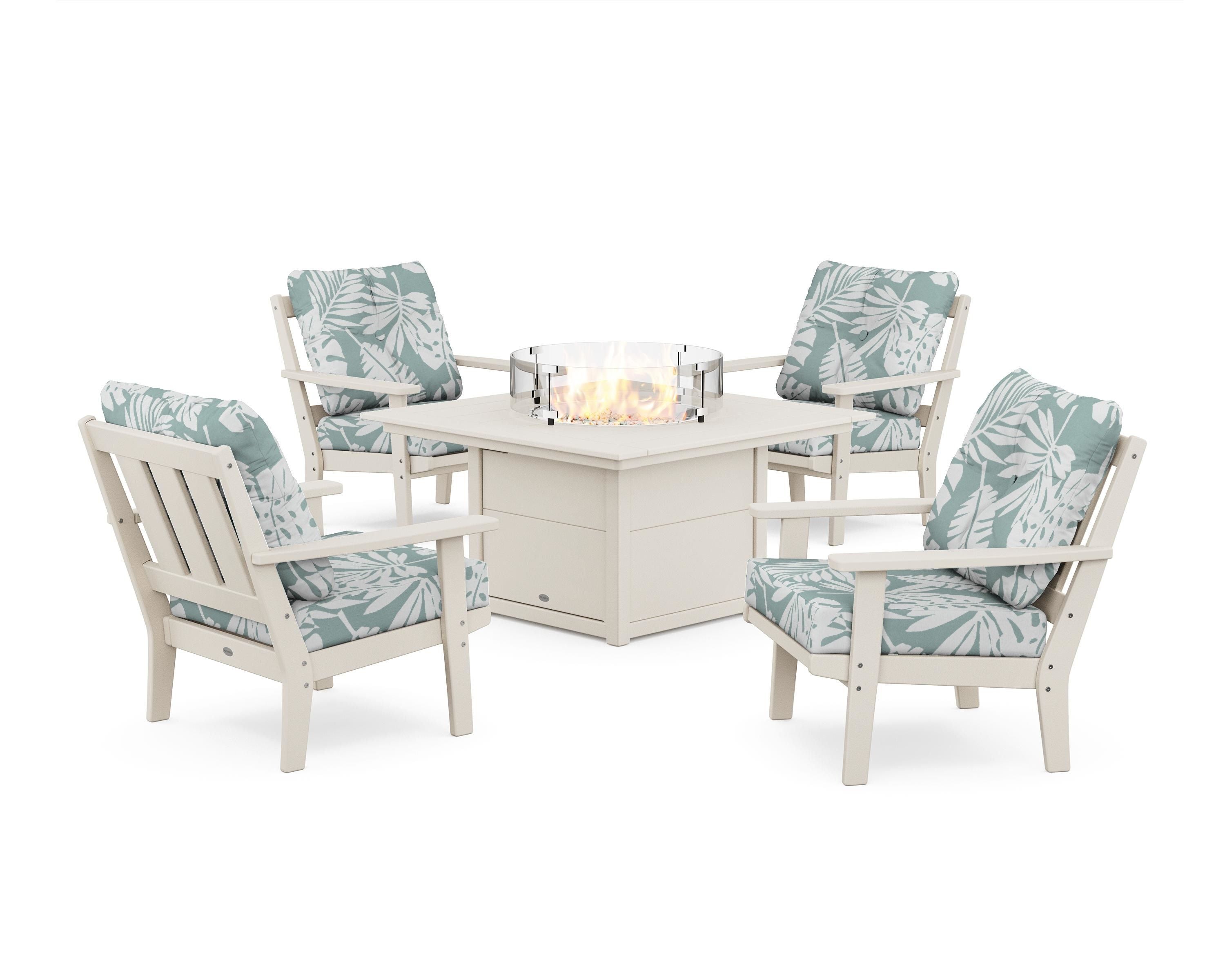 POLYWOOD Oxford 5-Piece Deep Seating Set with Fire Pit Table in Sand / Leaf Glacier Spa