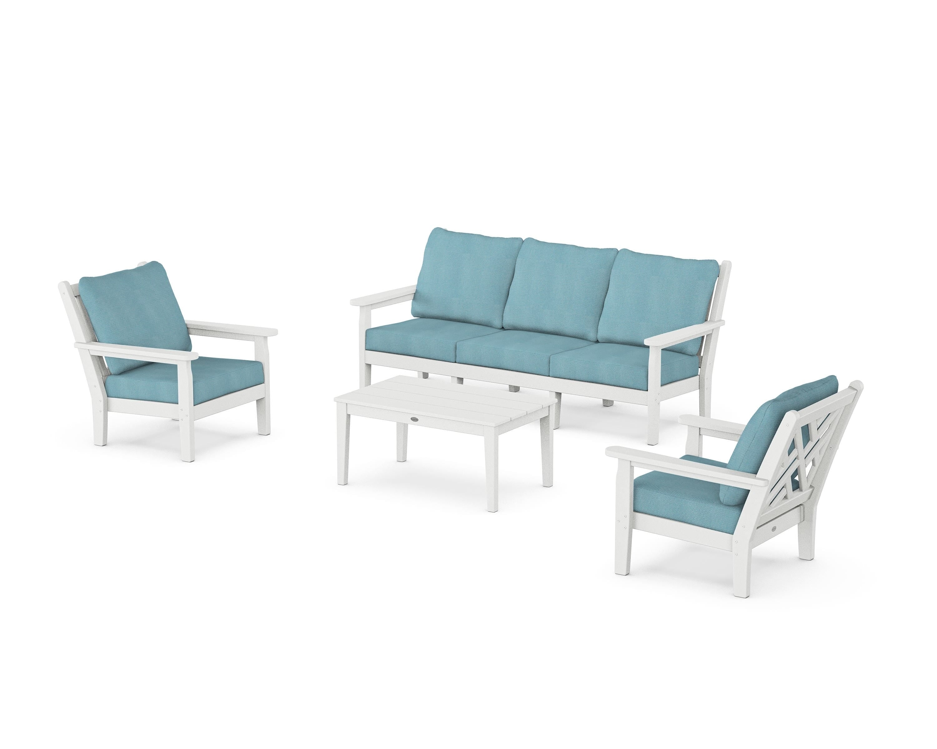 POLYWOOD Chippendale 4-Piece Deep Seating Set with Sofa in White / Lattice Sky Blue