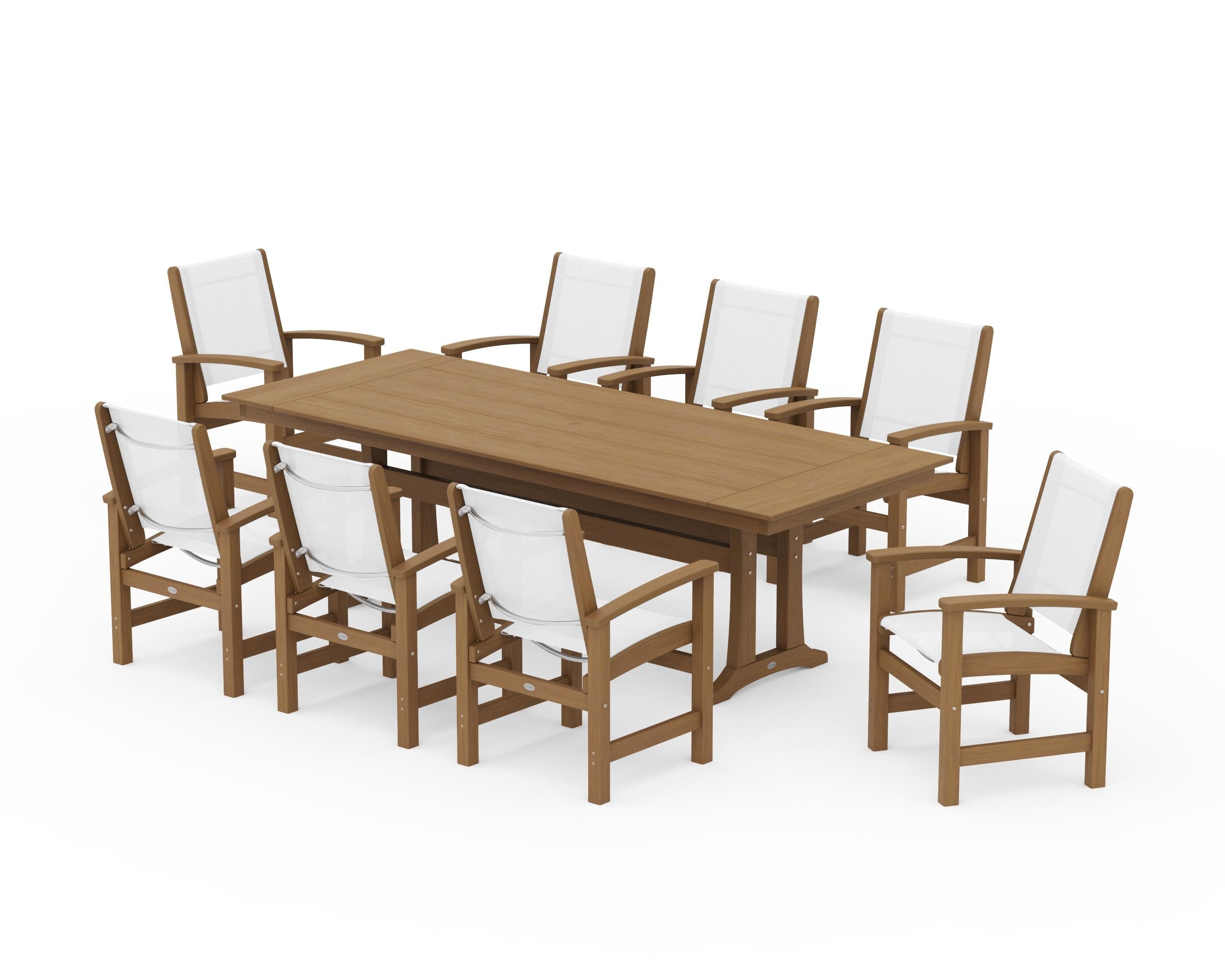 POLYWOOD Coastal 9-Piece Farmhouse Dining Set with Trestle Legs in Natural / White Sling