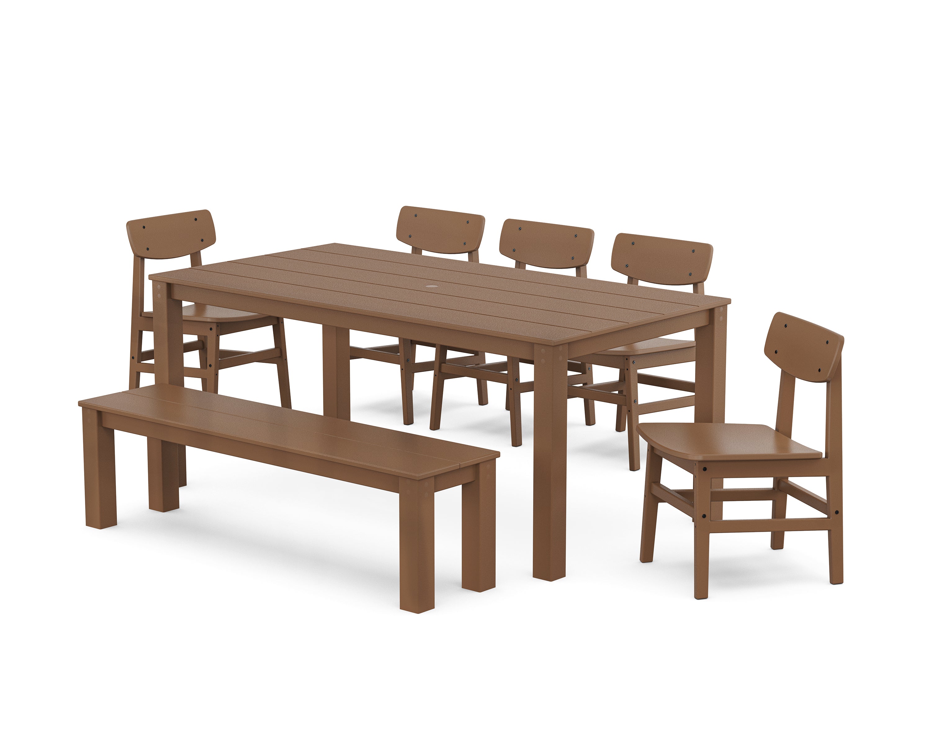 POLYWOOD Modern Studio Urban Chair 7-Piece Parsons Dining Set with Bench in Teak