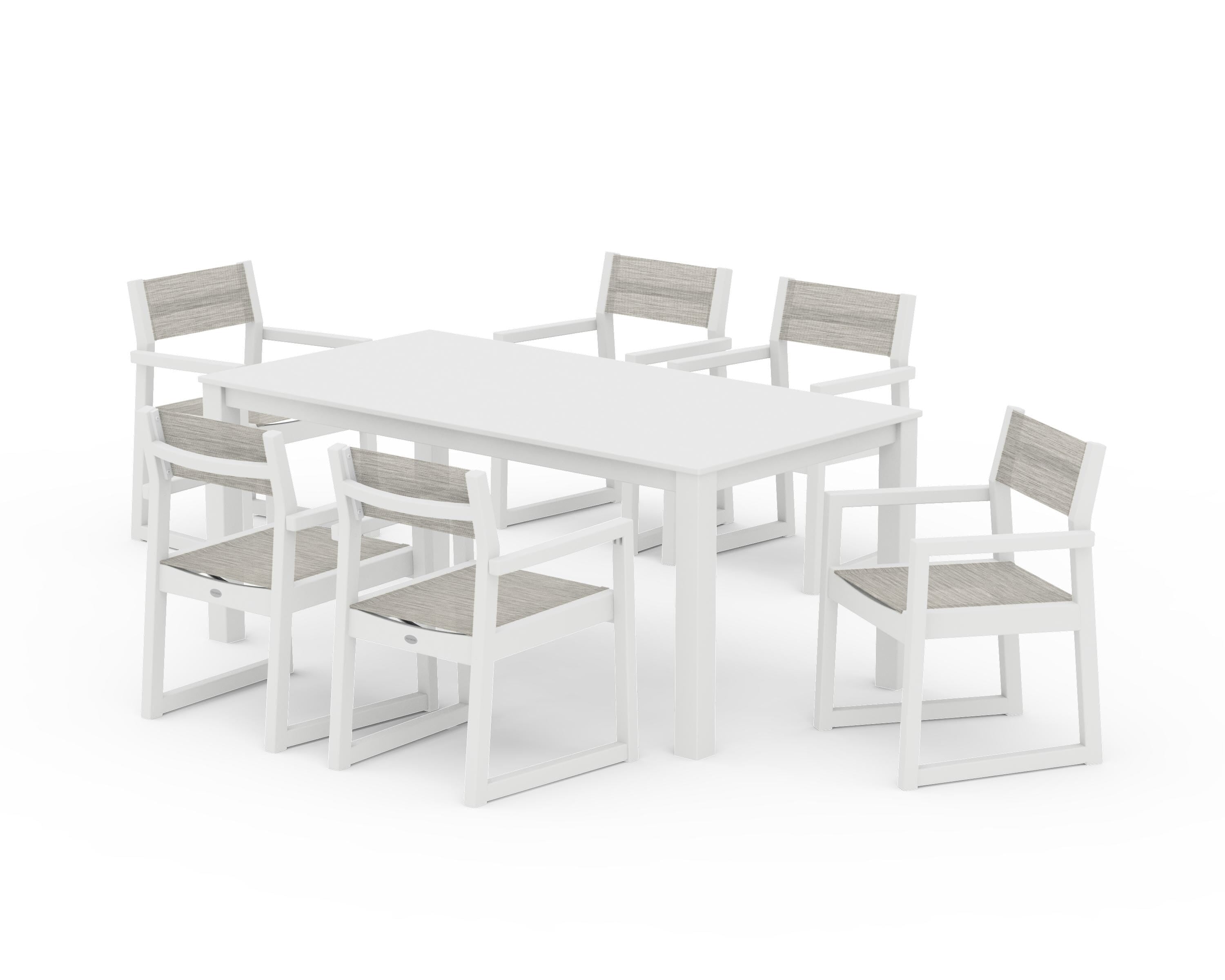 POLYWOOD EDGE Sling Arm Chair 7-Piece Parsons Dining Set in White / Birch Sling