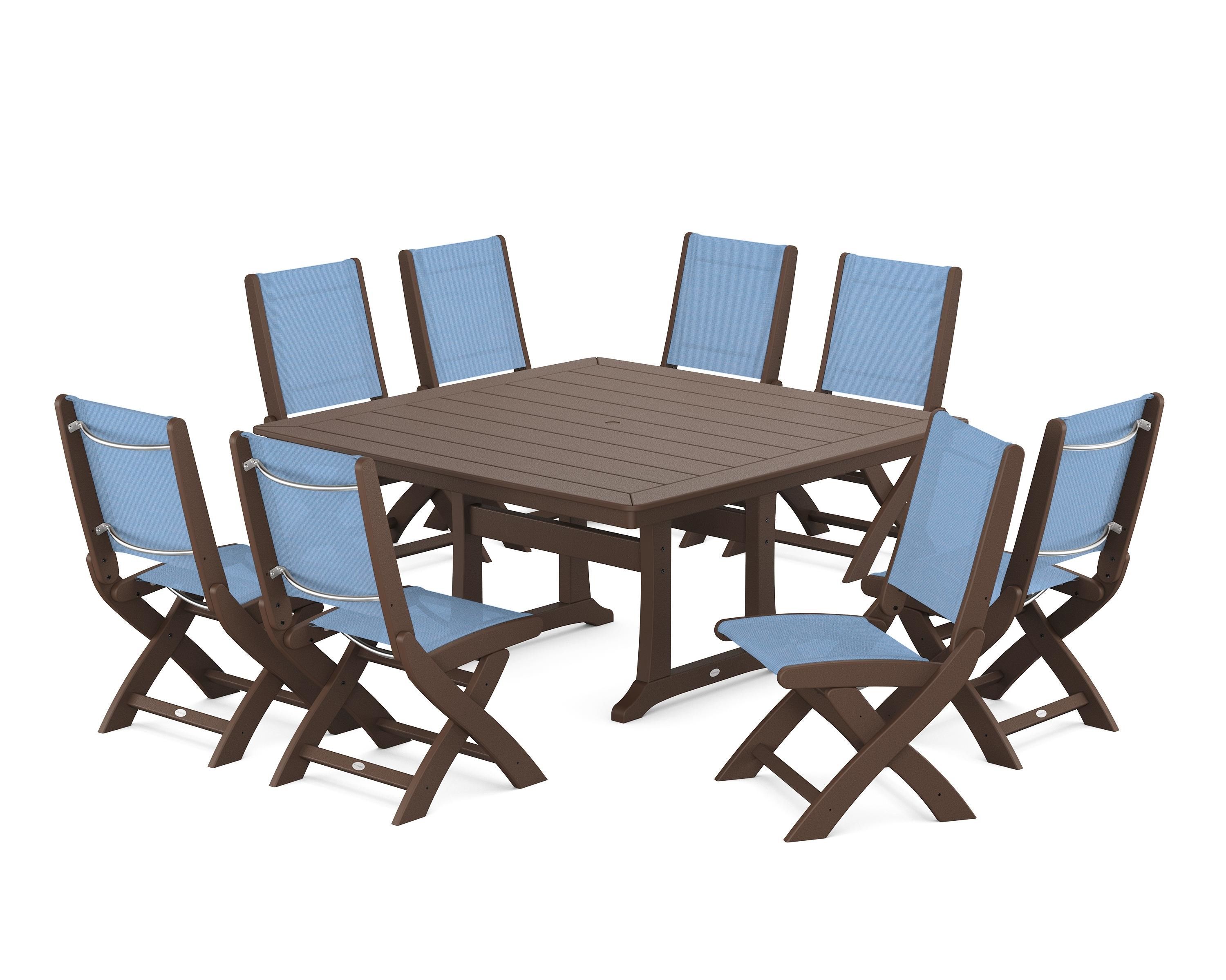 POLYWOOD Coastal Folding Side Chair 9-Piece Dining Set with Trestle Legs in Mahogany / Poolside Sling