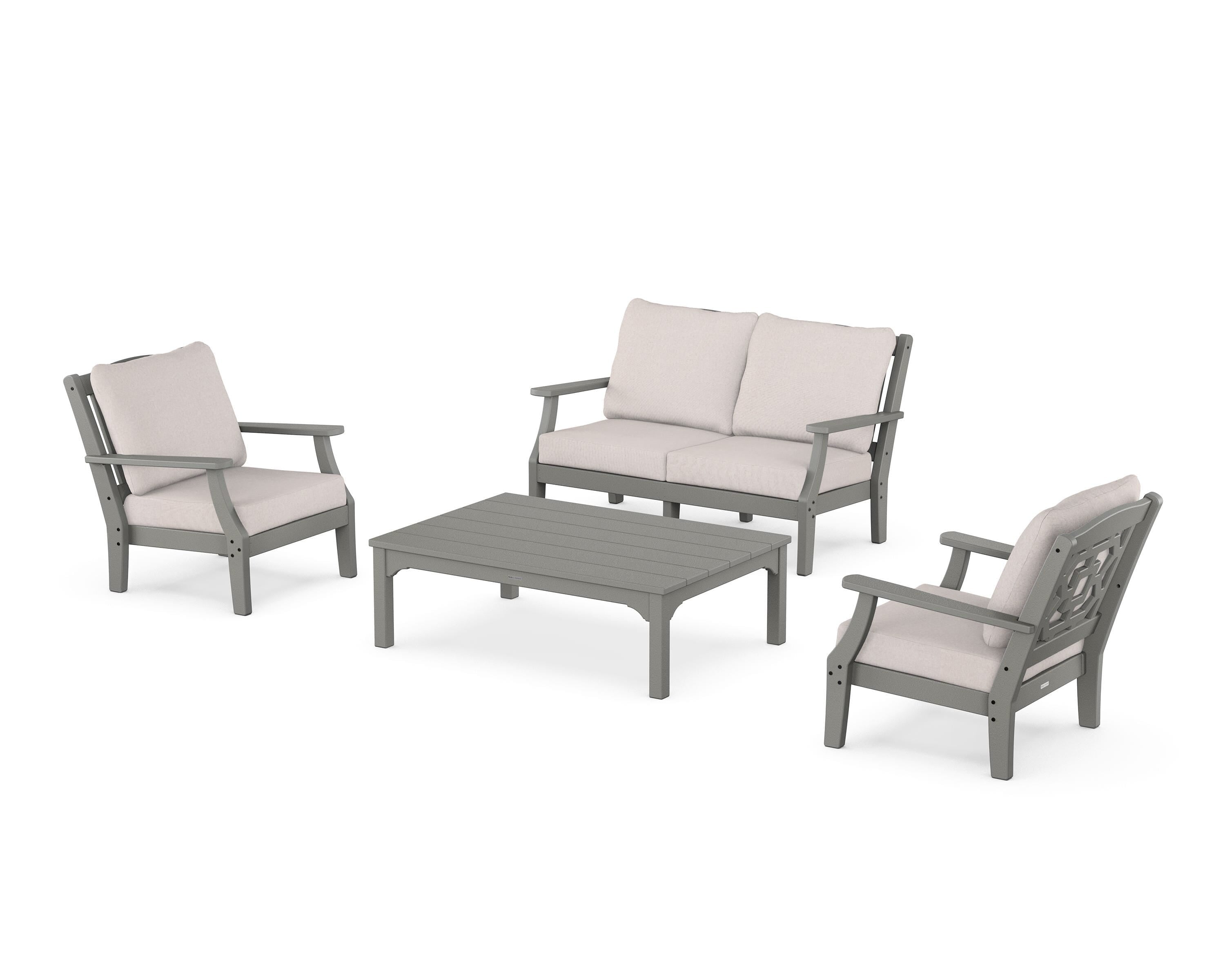 Martha Stewart by POLYWOOD Chinoiserie 4-Piece Deep Seating Set with Loveseat in Slate Grey / Dune Burlap