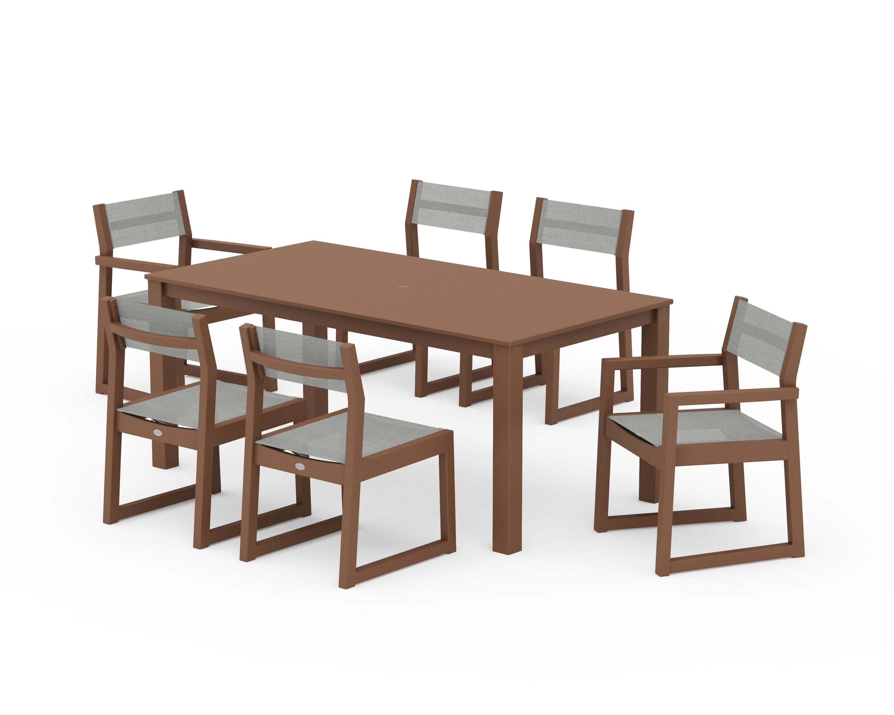 POLYWOOD EDGE Sling 7-Piece Parsons Dining Set in Teak / Metallic Sling