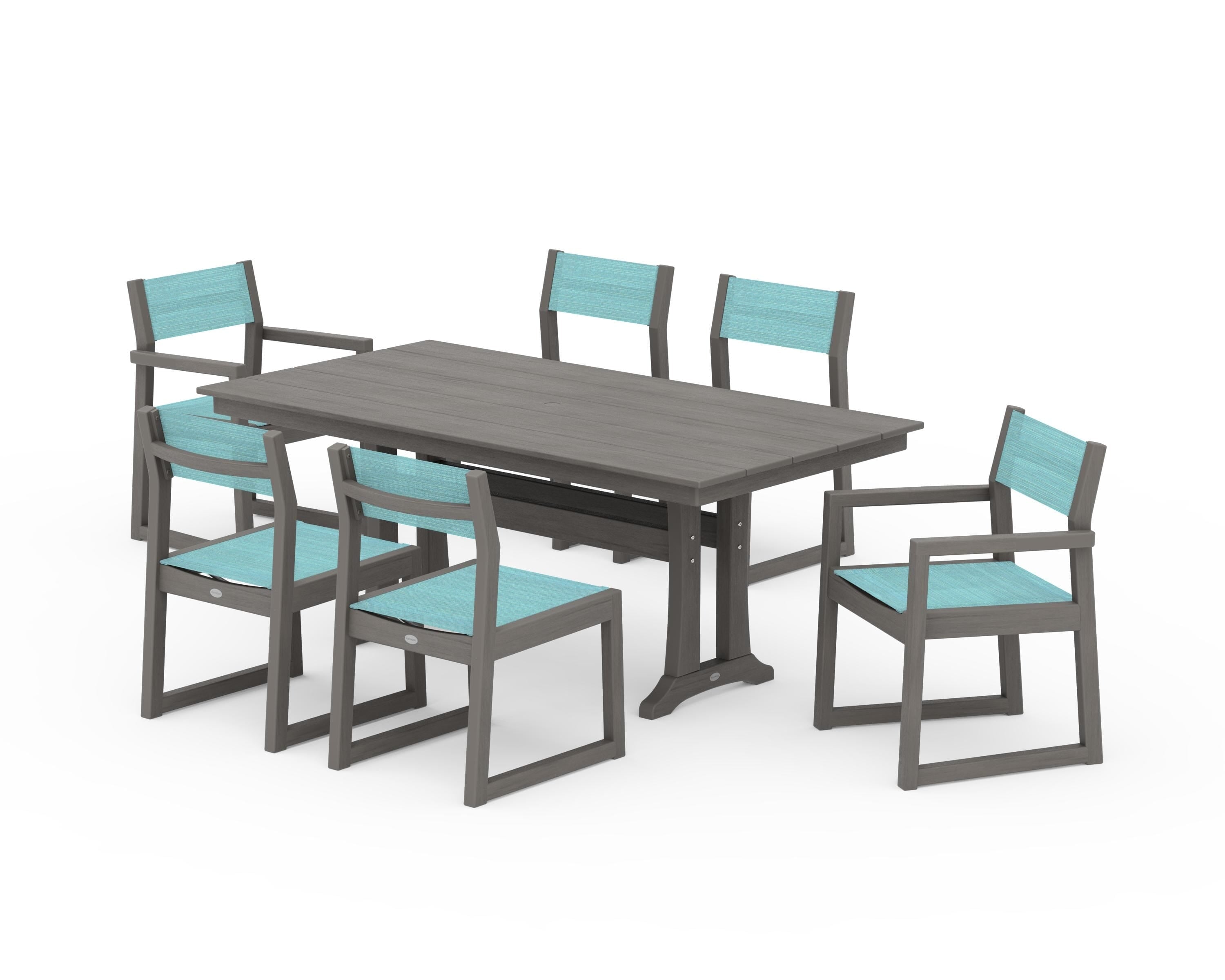 POLYWOOD EDGE Sling 7-Piece Farmhouse Trestle Dining Set in Driftwood / Dupioni Aquamarine Sling