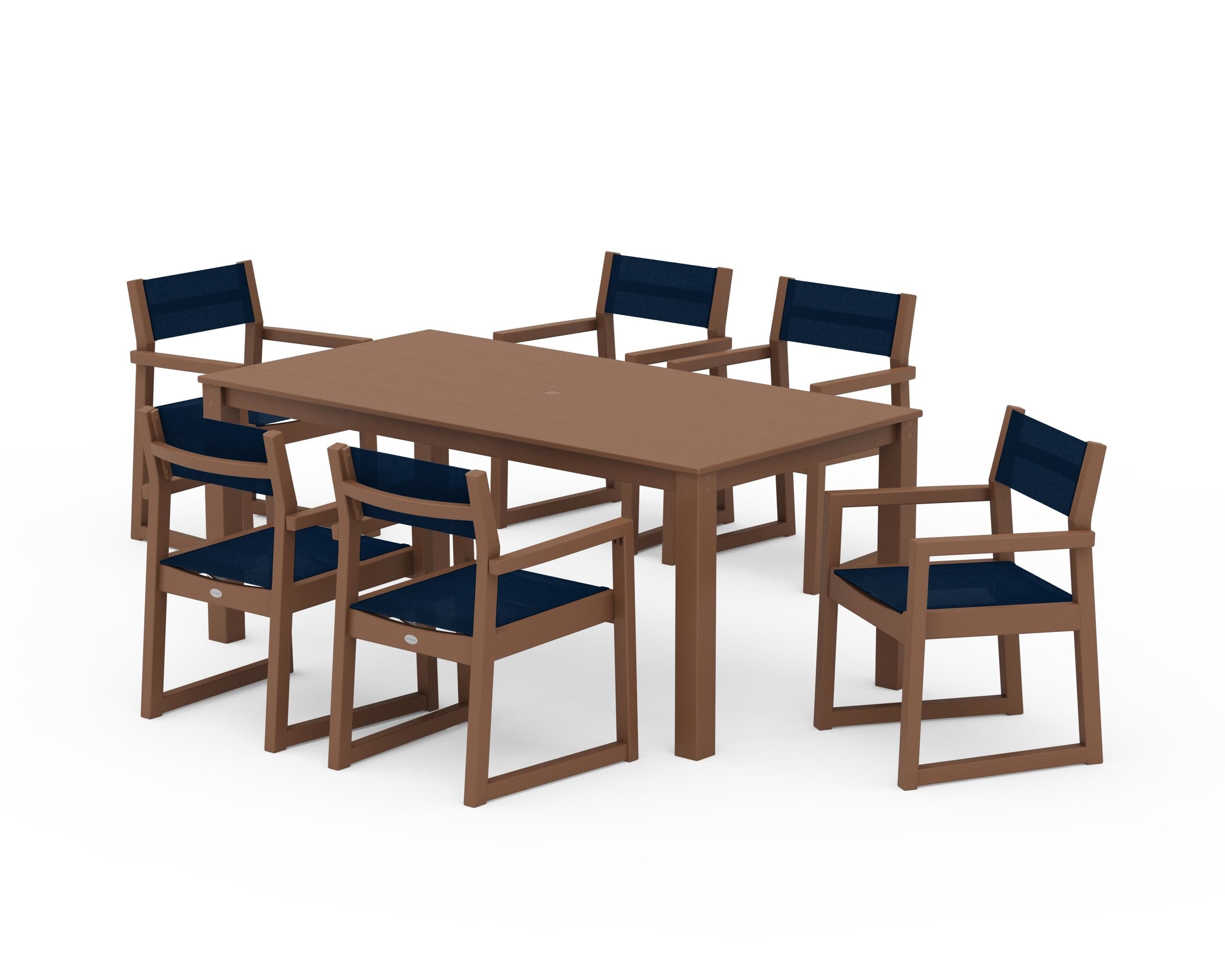 POLYWOOD EDGE Sling Arm Chair 7-Piece Parsons Dining Set in Teak / Navy Blue Sling
